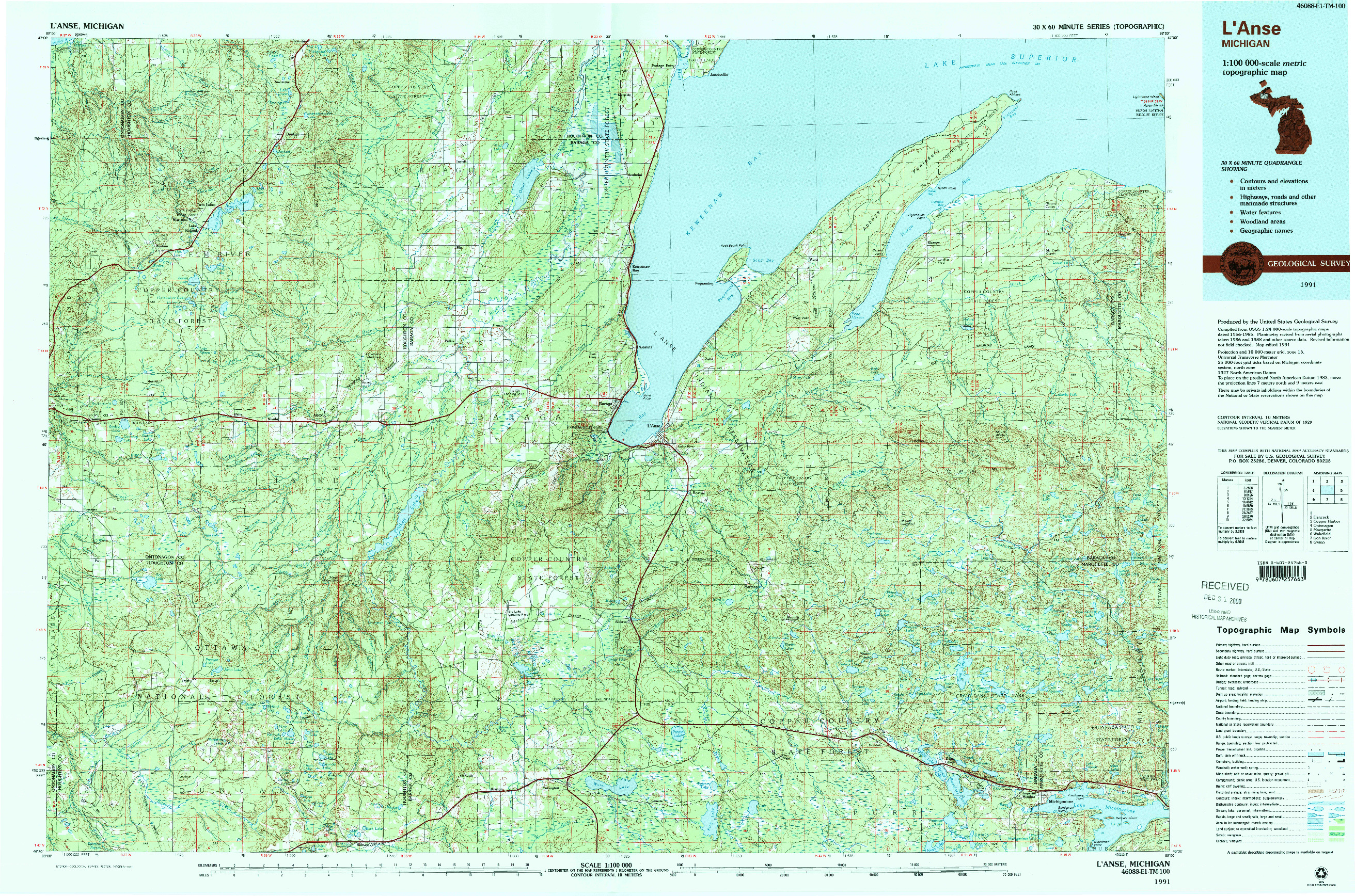 USGS 1:100000-SCALE QUADRANGLE FOR L'ANSE, MI 1991