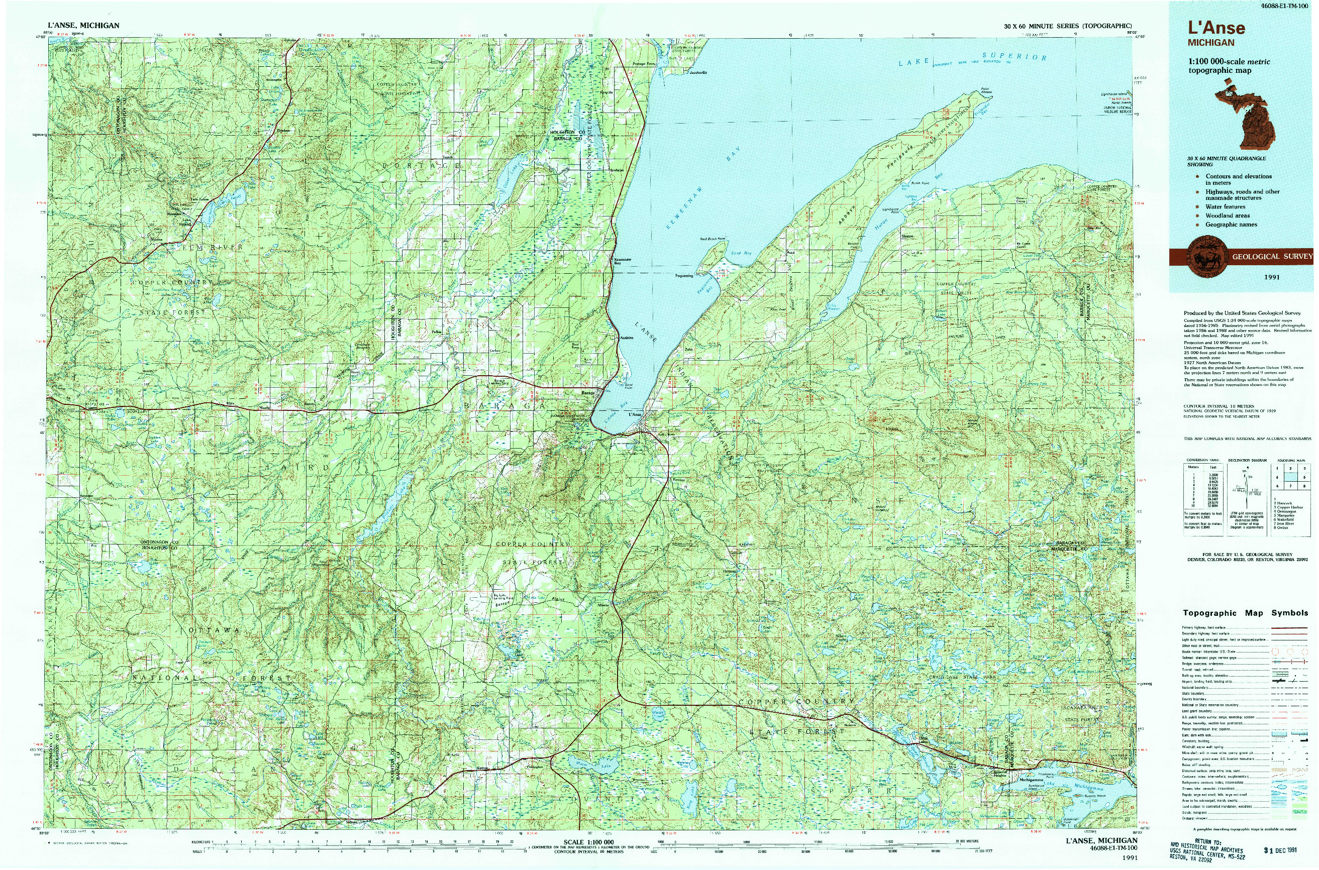 USGS 1:100000-SCALE QUADRANGLE FOR L'ANSE, MI 1991