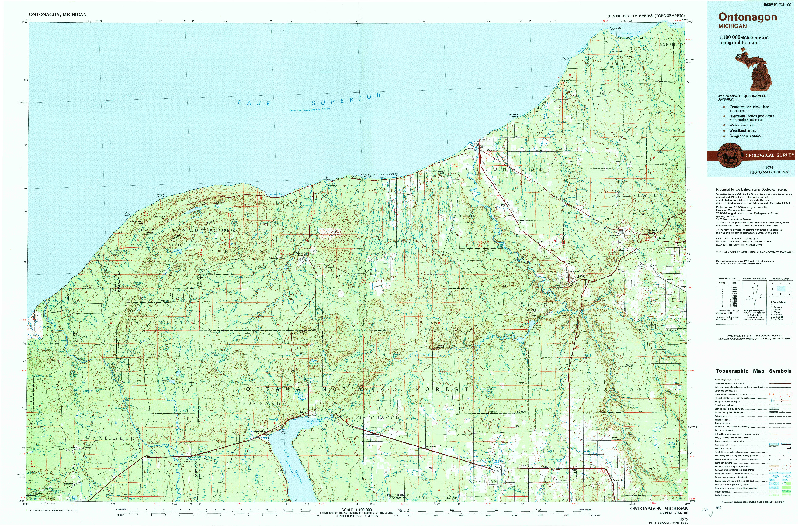 USGS 1:100000-SCALE QUADRANGLE FOR ONTONAGON, MI 1979