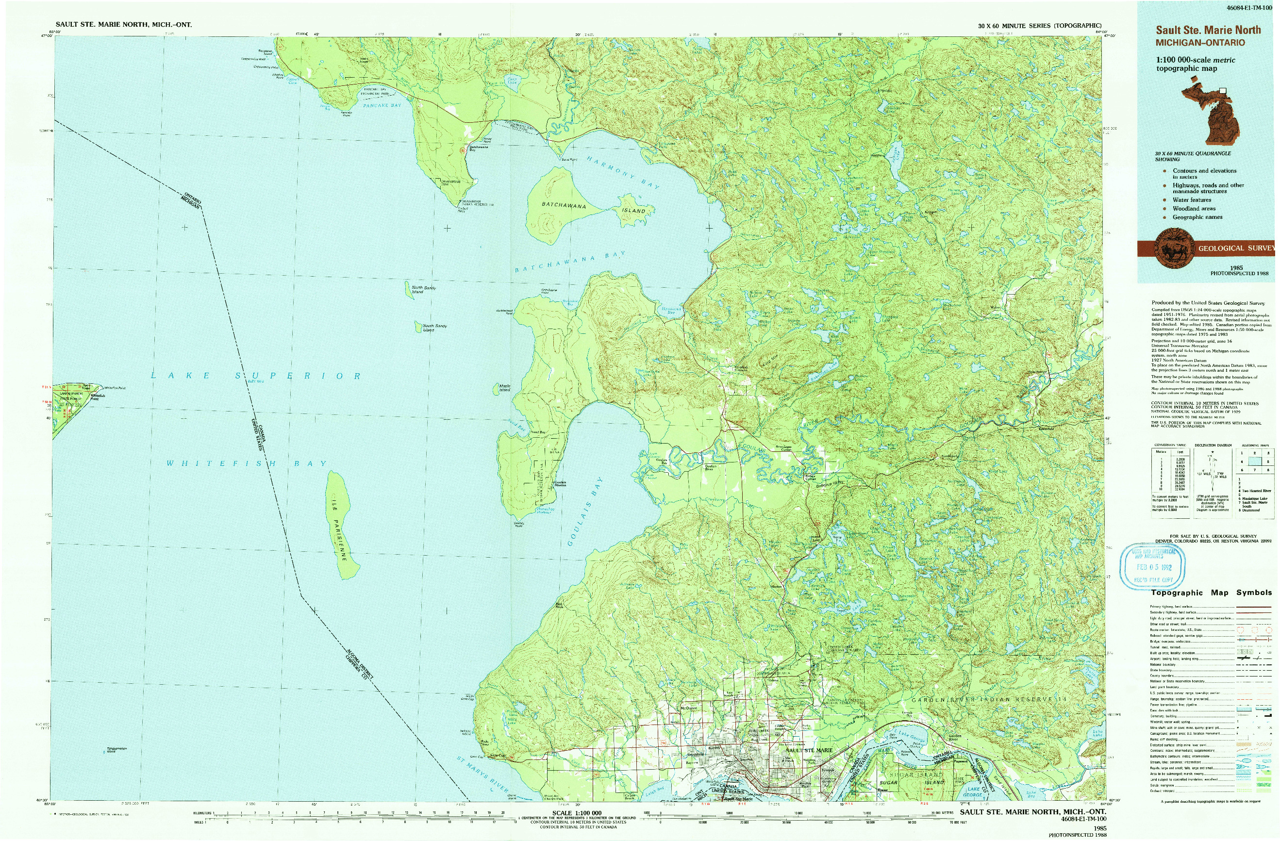 USGS 1:100000-SCALE QUADRANGLE FOR SAULT STE. MARIE NORTH, MI 1985
