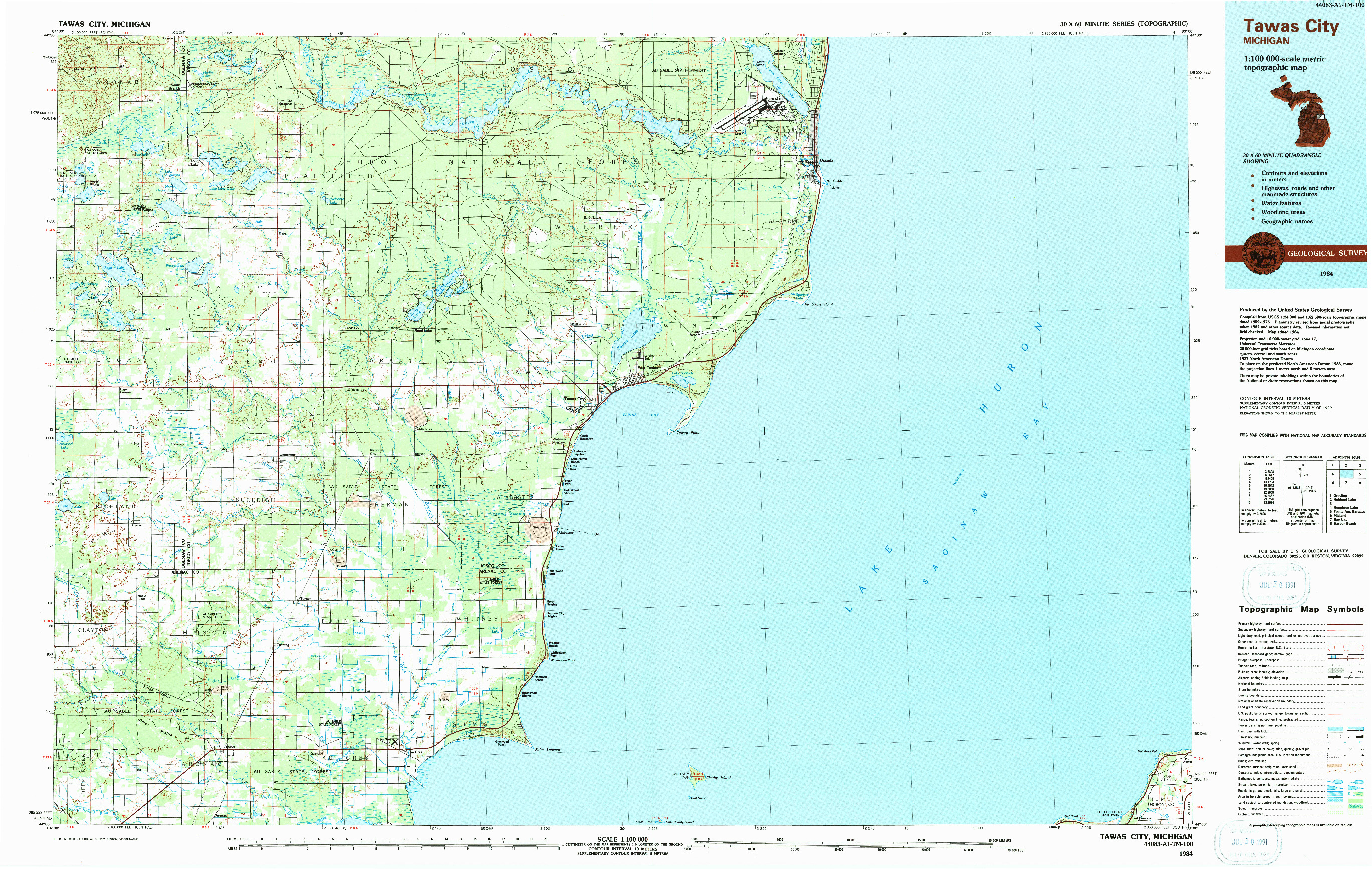 USGS 1:100000-SCALE QUADRANGLE FOR TAWAS CITY, MI 1984