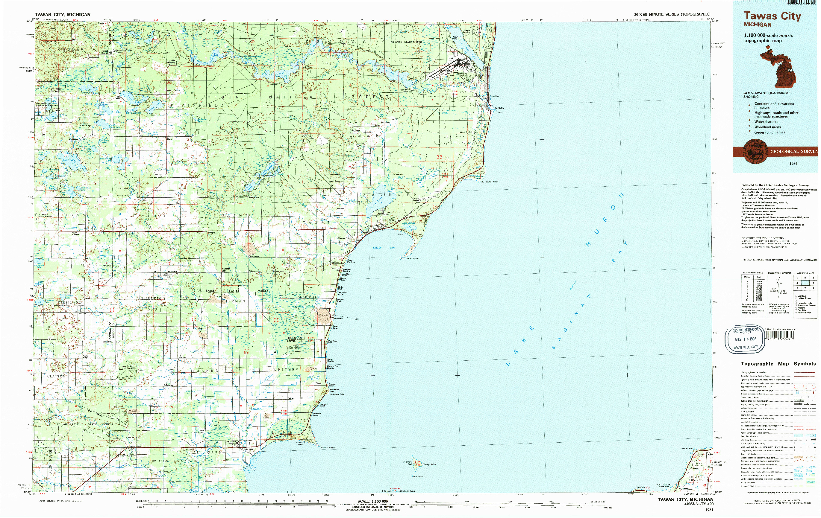 USGS 1:100000-SCALE QUADRANGLE FOR TAWAS CITY, MI 1984