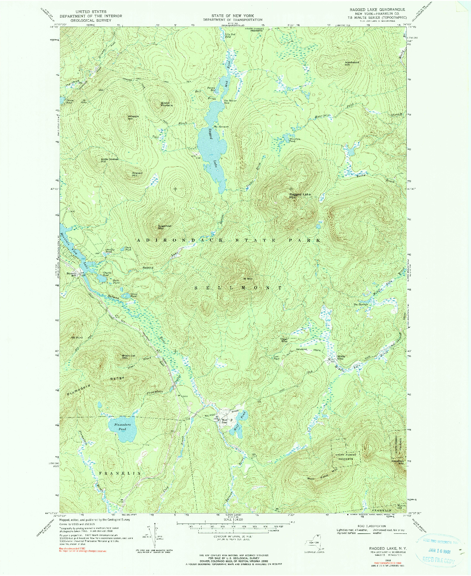 USGS 1:24000-SCALE QUADRANGLE FOR RAGGED LAKE, NY 1968