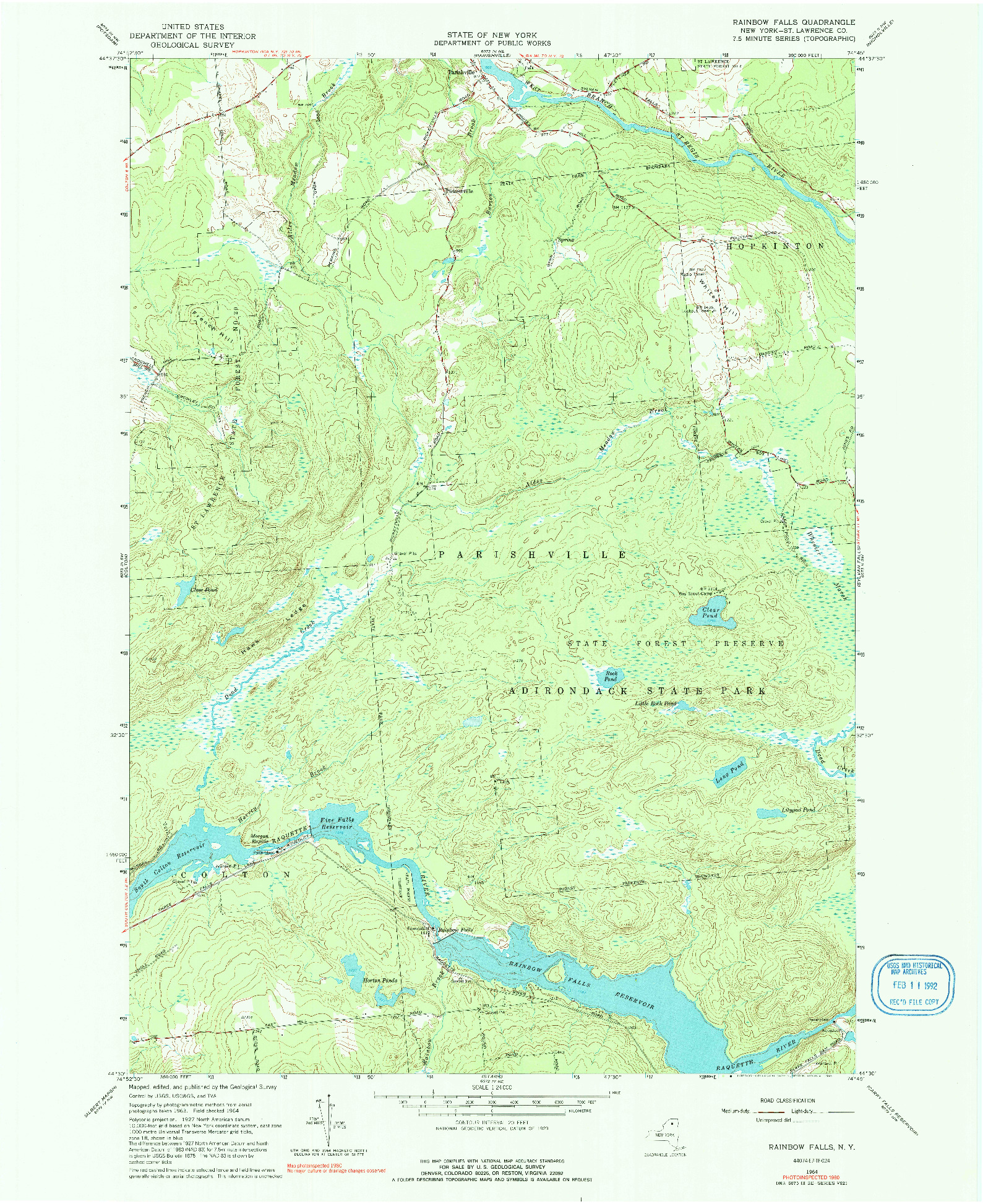 USGS 1:24000-SCALE QUADRANGLE FOR RAINBOW FALLS, NY 1964