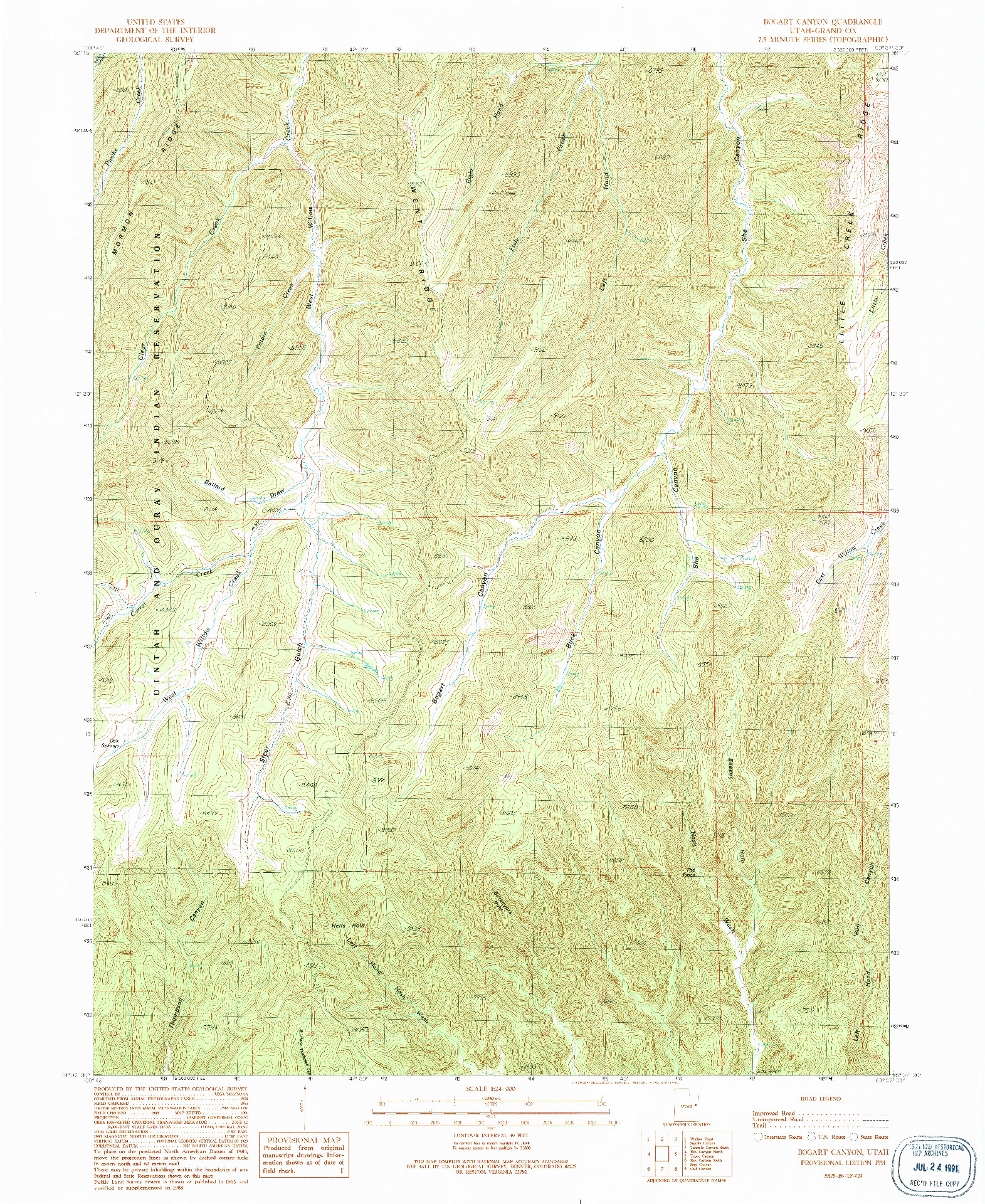 USGS 1:24000-SCALE QUADRANGLE FOR BOGART CANYON, UT 1991