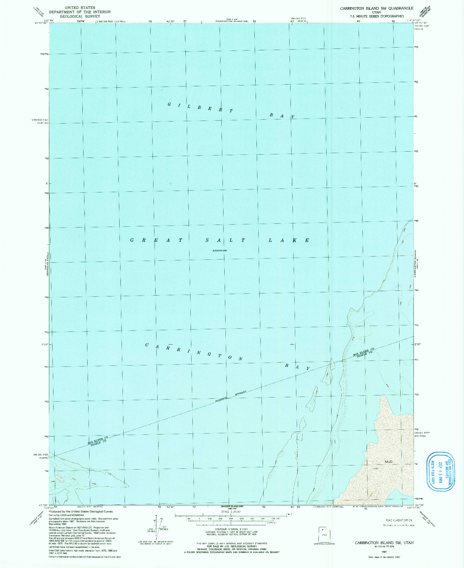 USGS 1:24000-SCALE QUADRANGLE FOR CARRINGTON ISLAND SW, UT 1991