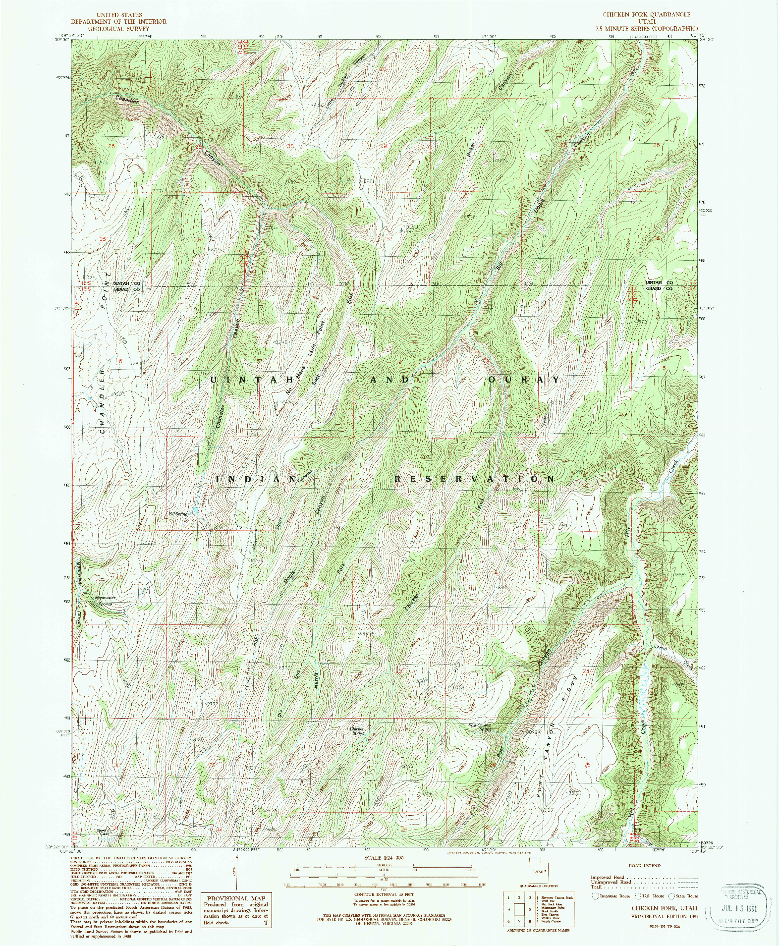 USGS 1:24000-SCALE QUADRANGLE FOR CHECKEN FORK, UT 1991