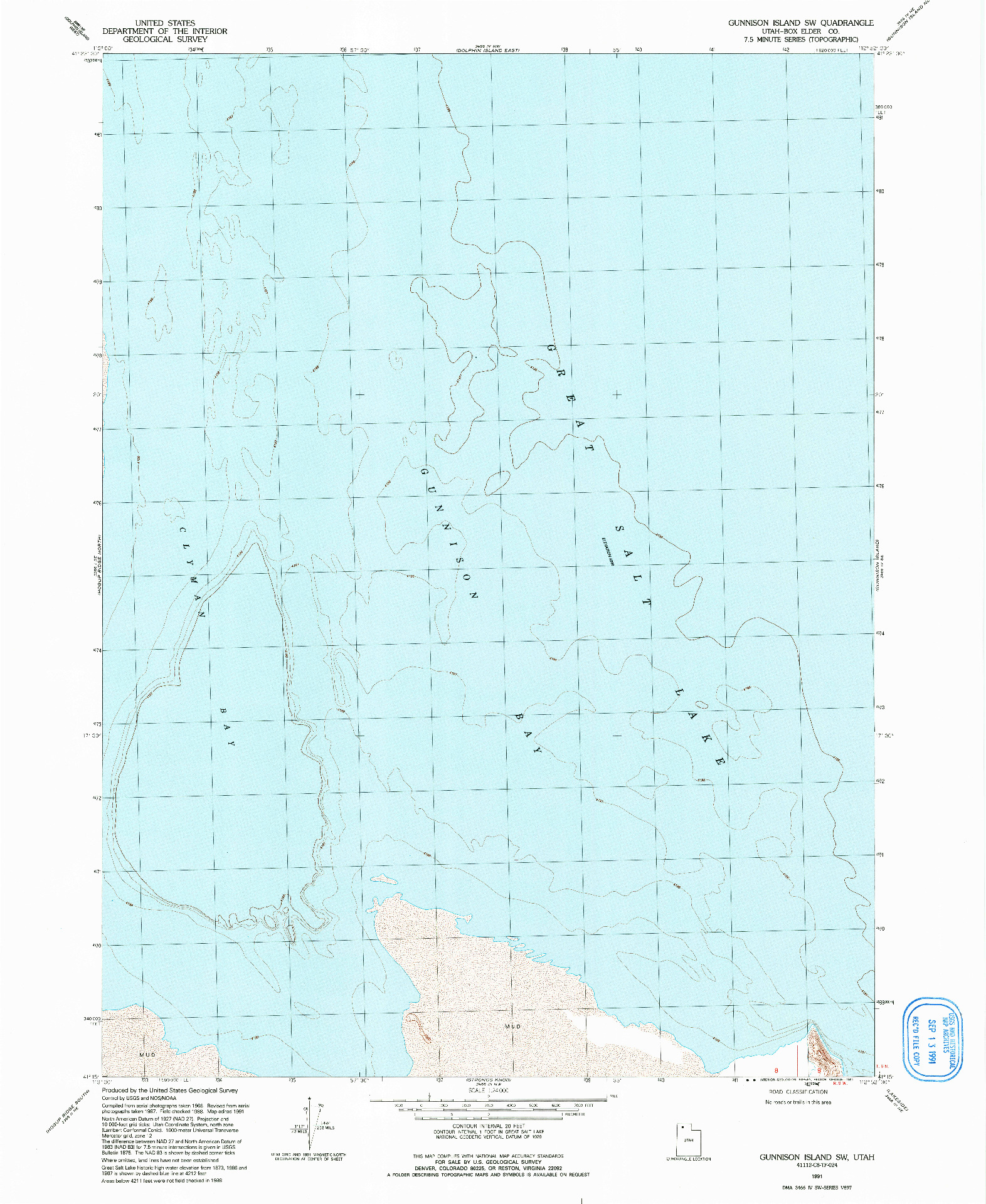 USGS 1:24000-SCALE QUADRANGLE FOR GUNNISON ISLAND SW, UT 1991