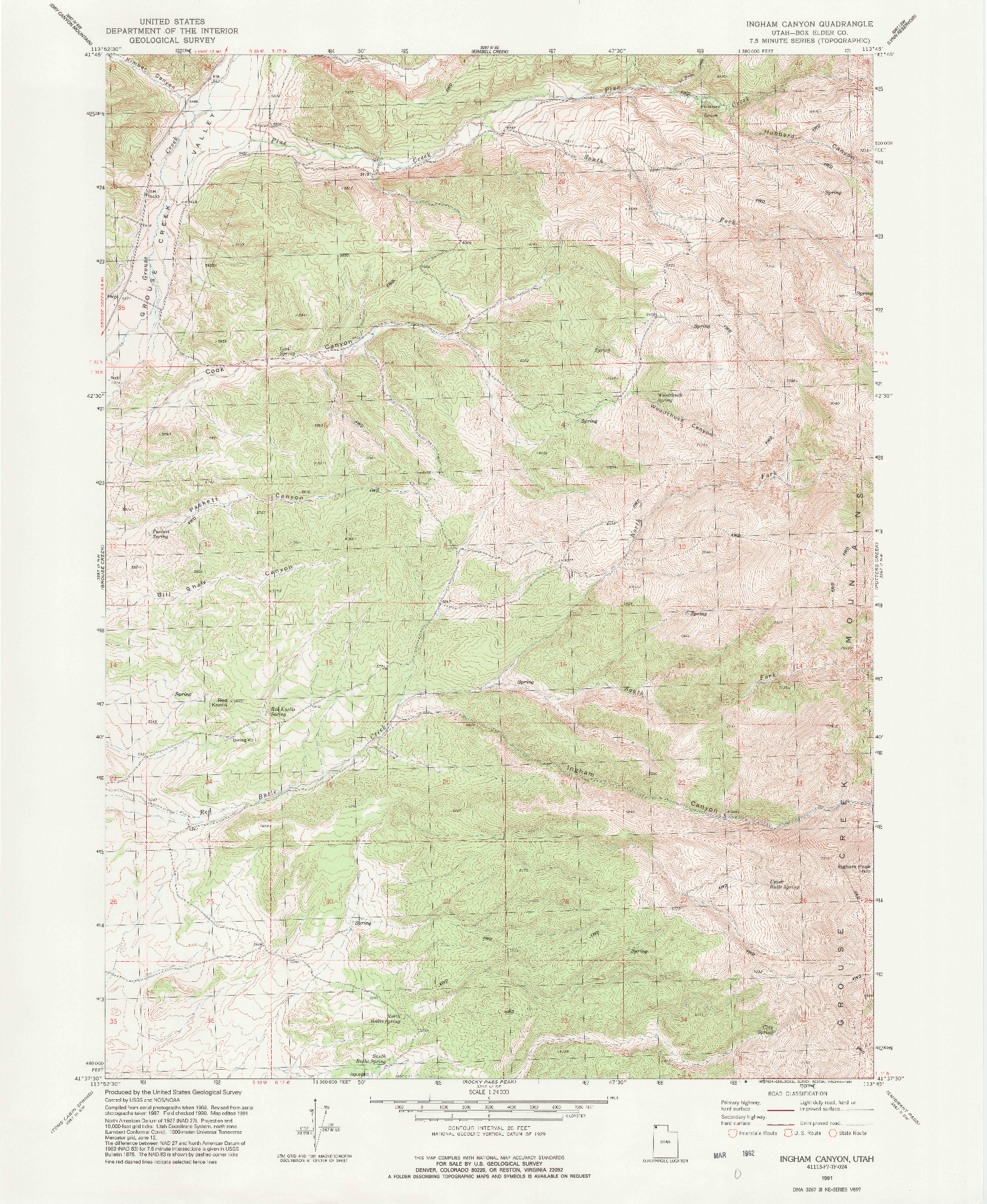 USGS 1:24000-SCALE QUADRANGLE FOR INGHAM CANYON, UT 1991