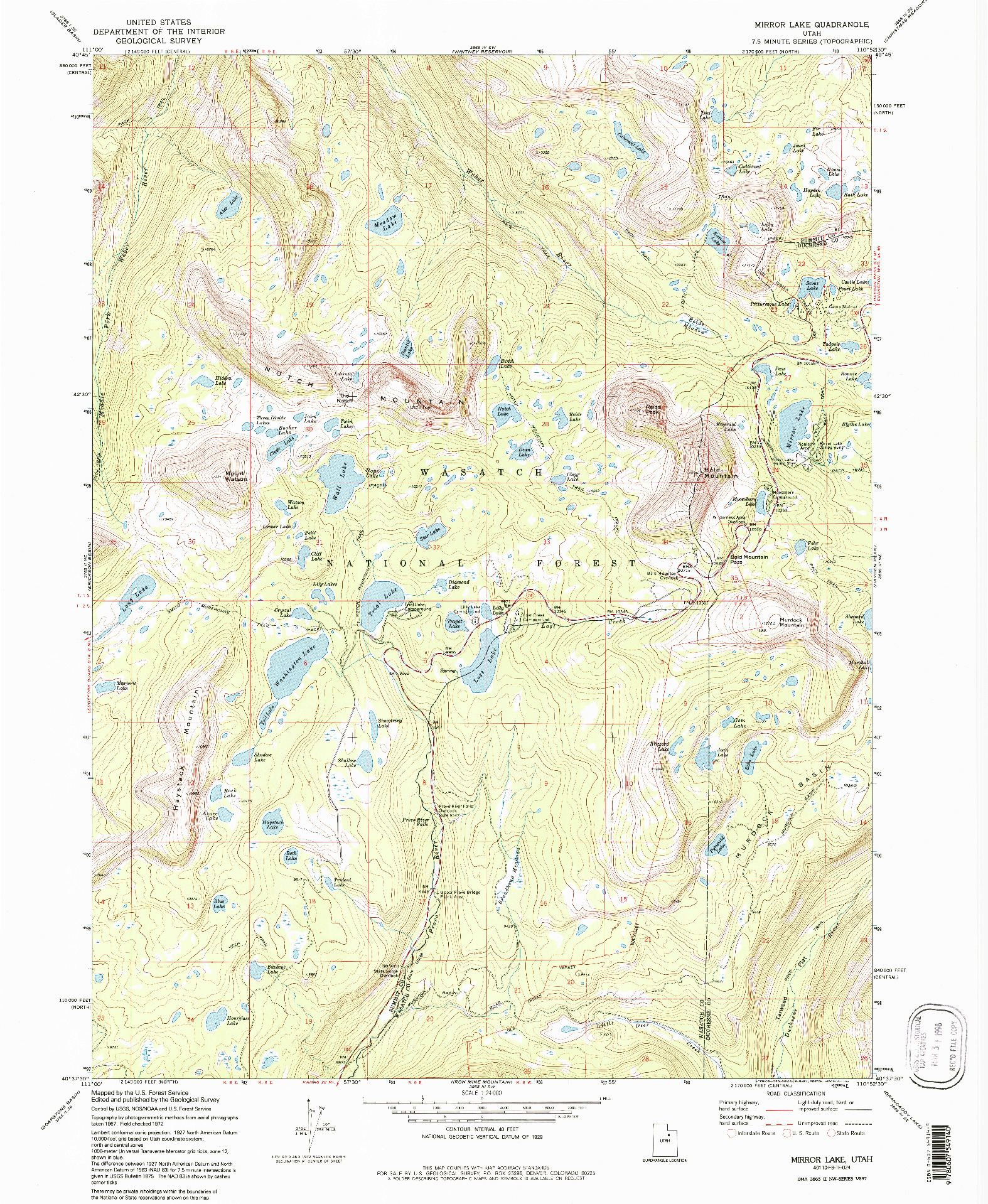 USGS 1:24000-SCALE QUADRANGLE FOR MIRROR LAKE, UT 1991