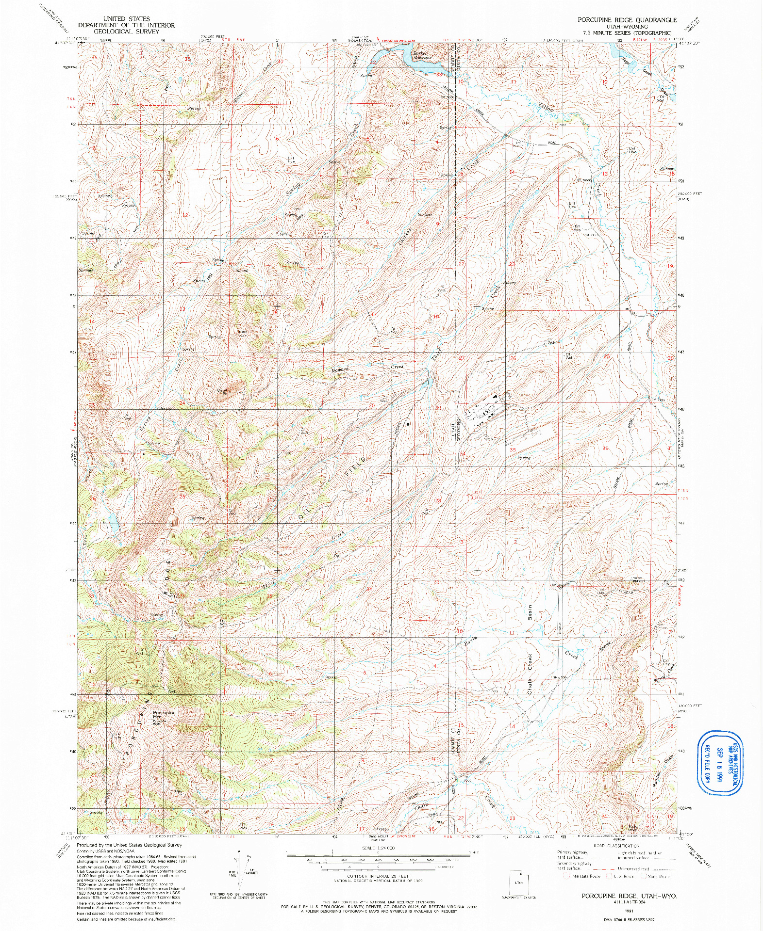 USGS 1:24000-SCALE QUADRANGLE FOR PORCUPINE RIDGE, UT 1991