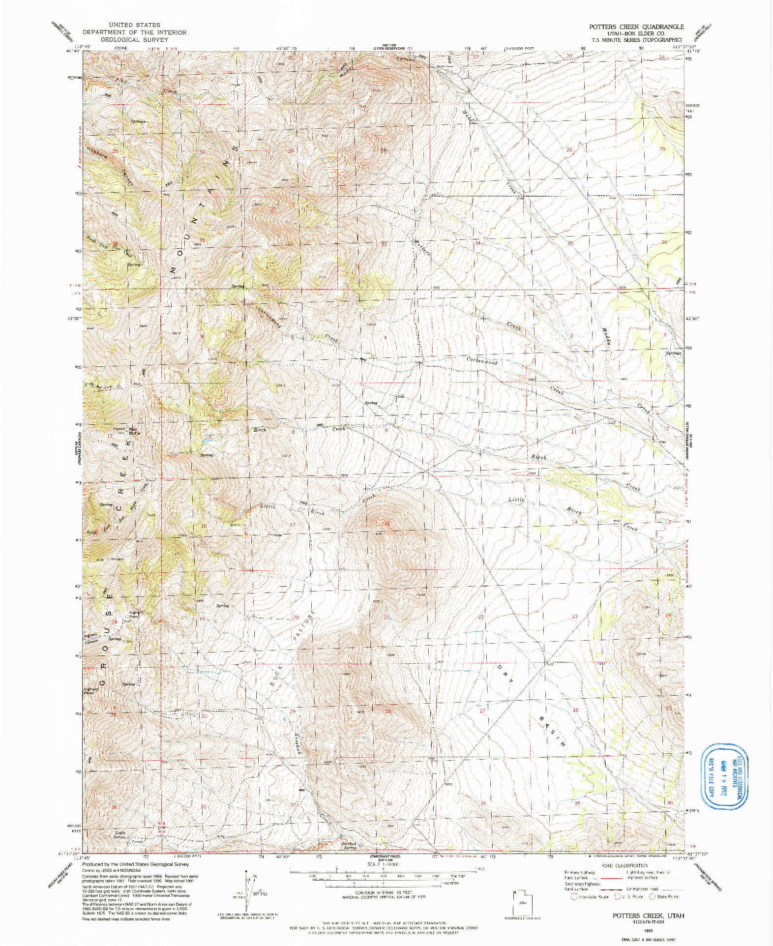 USGS 1:24000-SCALE QUADRANGLE FOR POTTERS CREEK, UT 1991