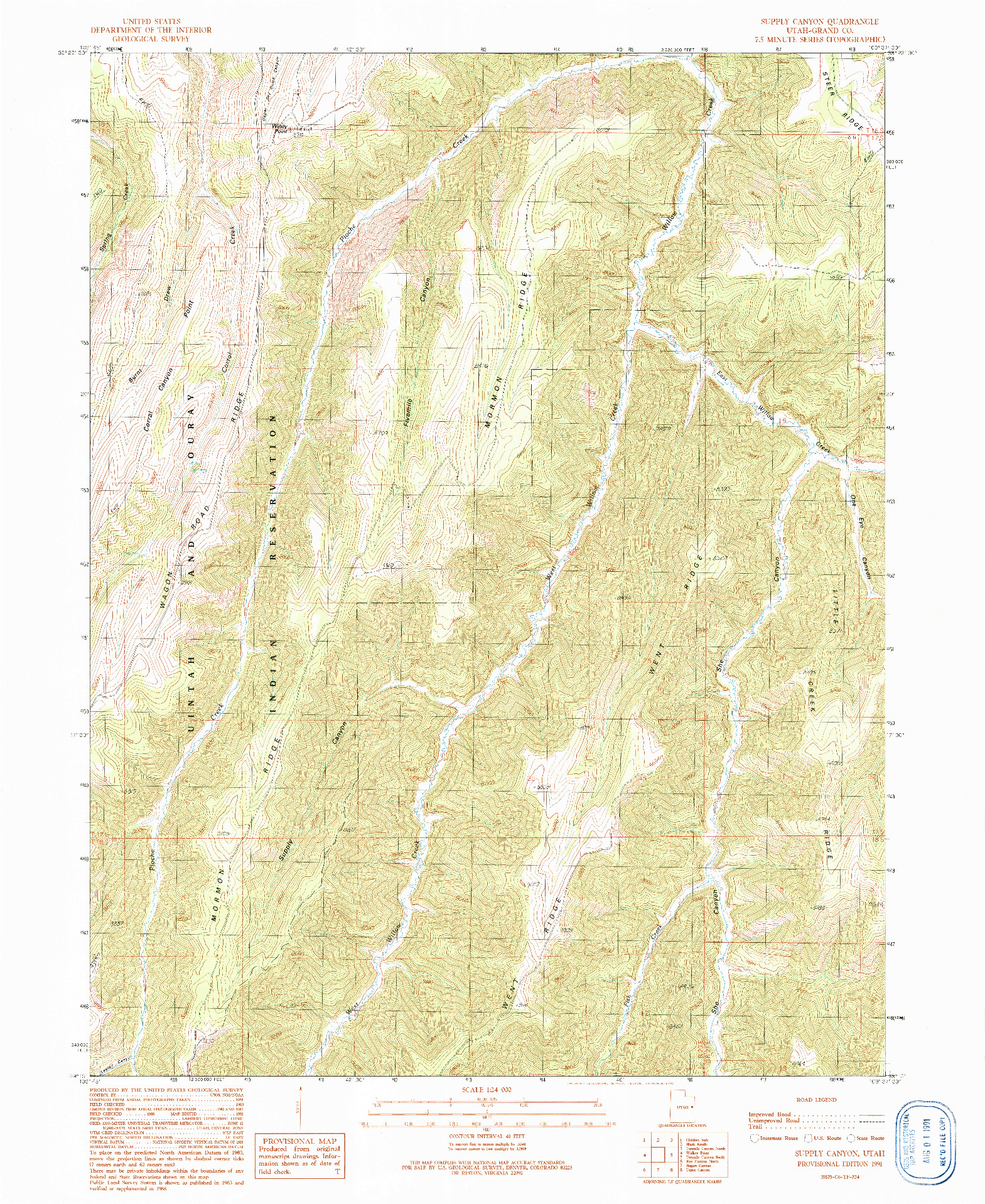 USGS 1:24000-SCALE QUADRANGLE FOR SUPPLY CANYON, UT 1991