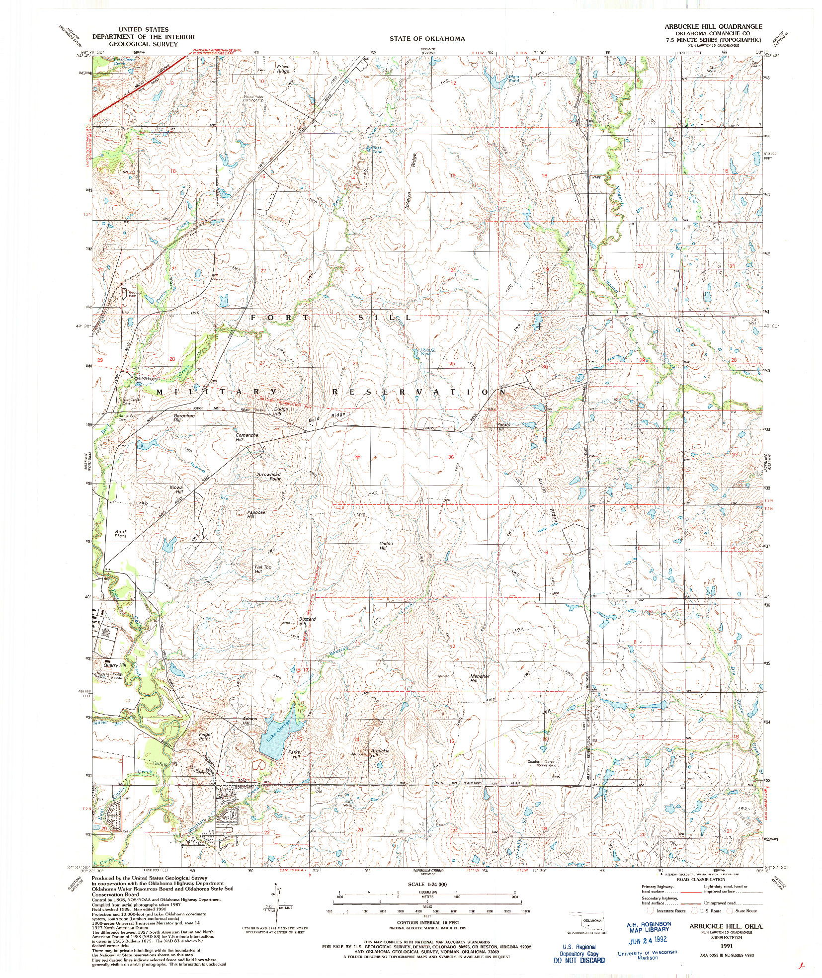 USGS 1:24000-SCALE QUADRANGLE FOR ARBUCKLE HILL, OK 1991