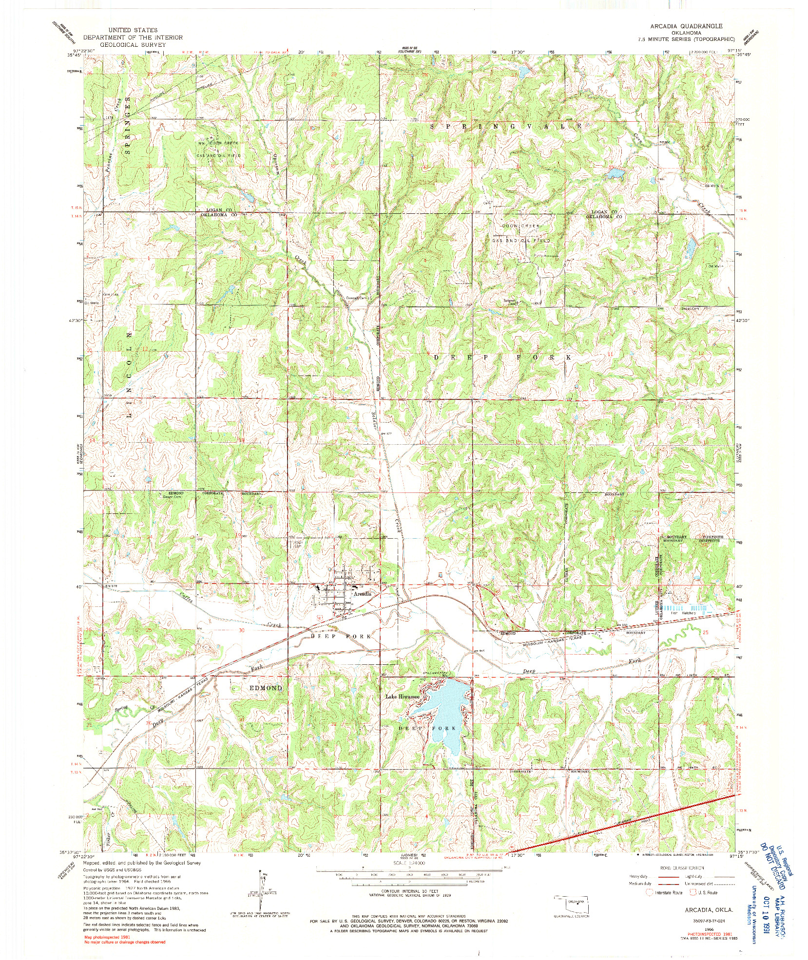 USGS 1:24000-SCALE QUADRANGLE FOR ARCADIA, OK 1966