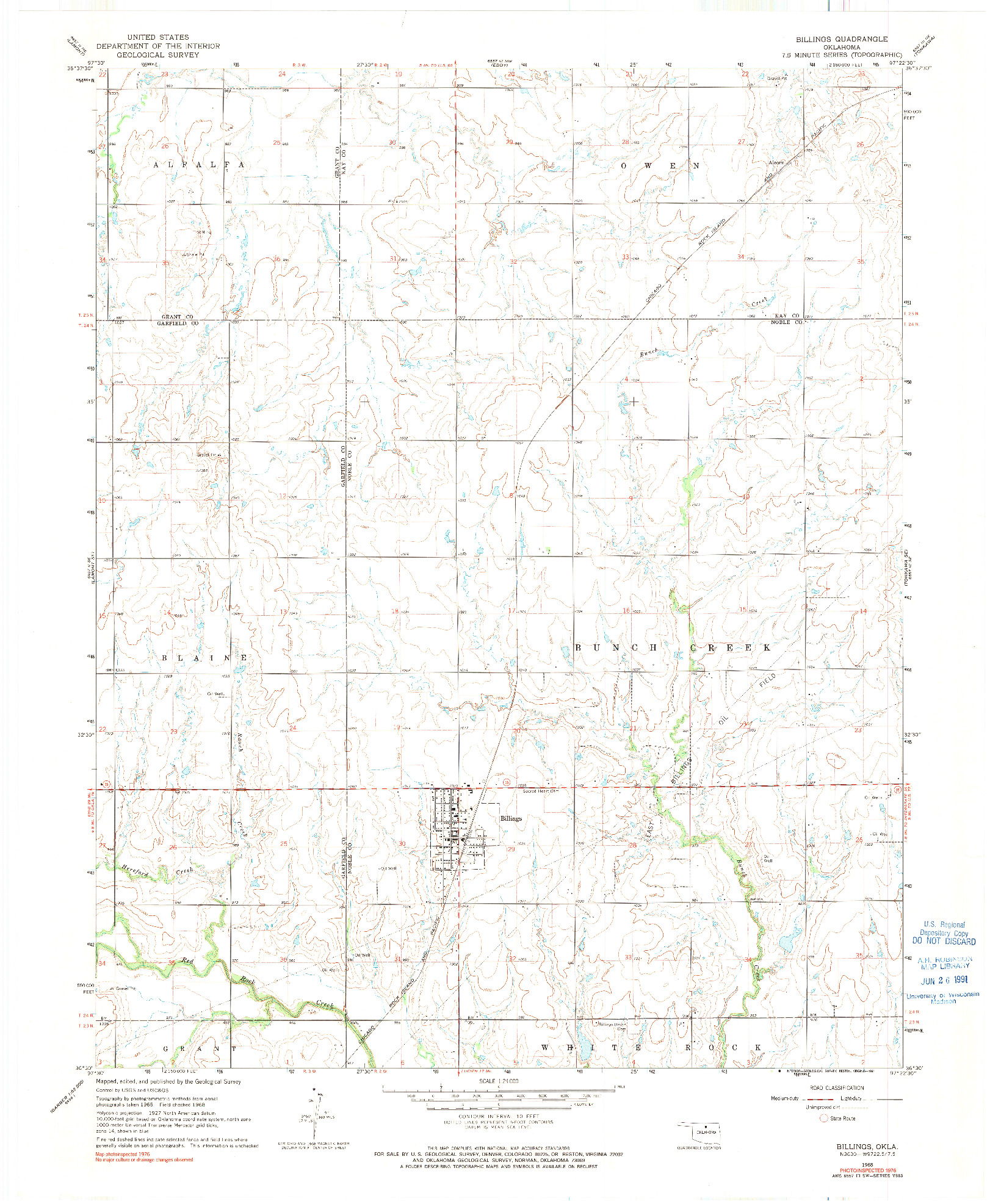USGS 1:24000-SCALE QUADRANGLE FOR BILLINGS, OK 1968