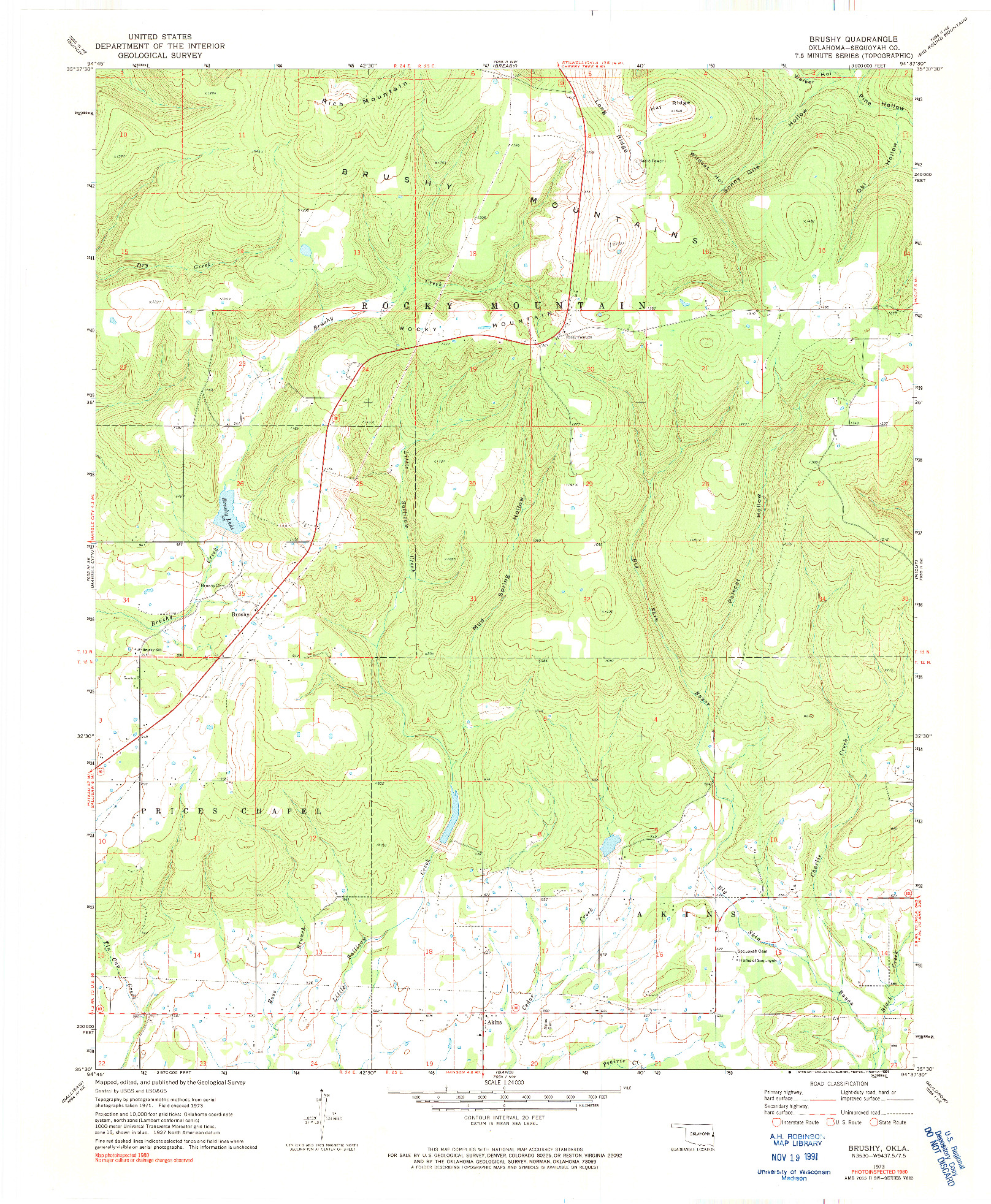 USGS 1:24000-SCALE QUADRANGLE FOR BRUSHY, OK 1973