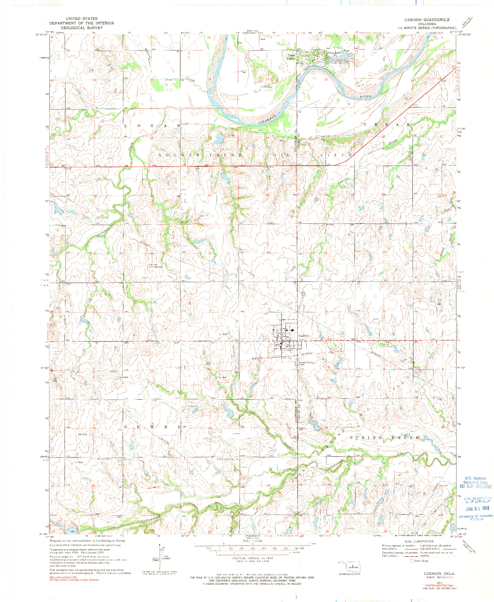 USGS 1:24000-SCALE QUADRANGLE FOR CASHION, OK 1970