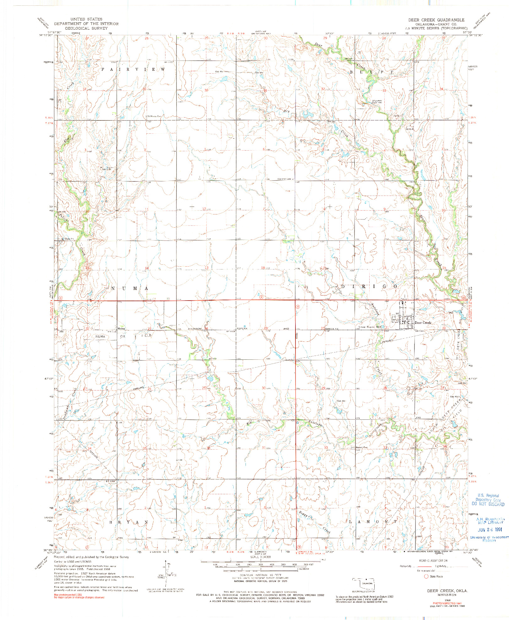 USGS 1:24000-SCALE QUADRANGLE FOR DEER CREEK, OK 1968