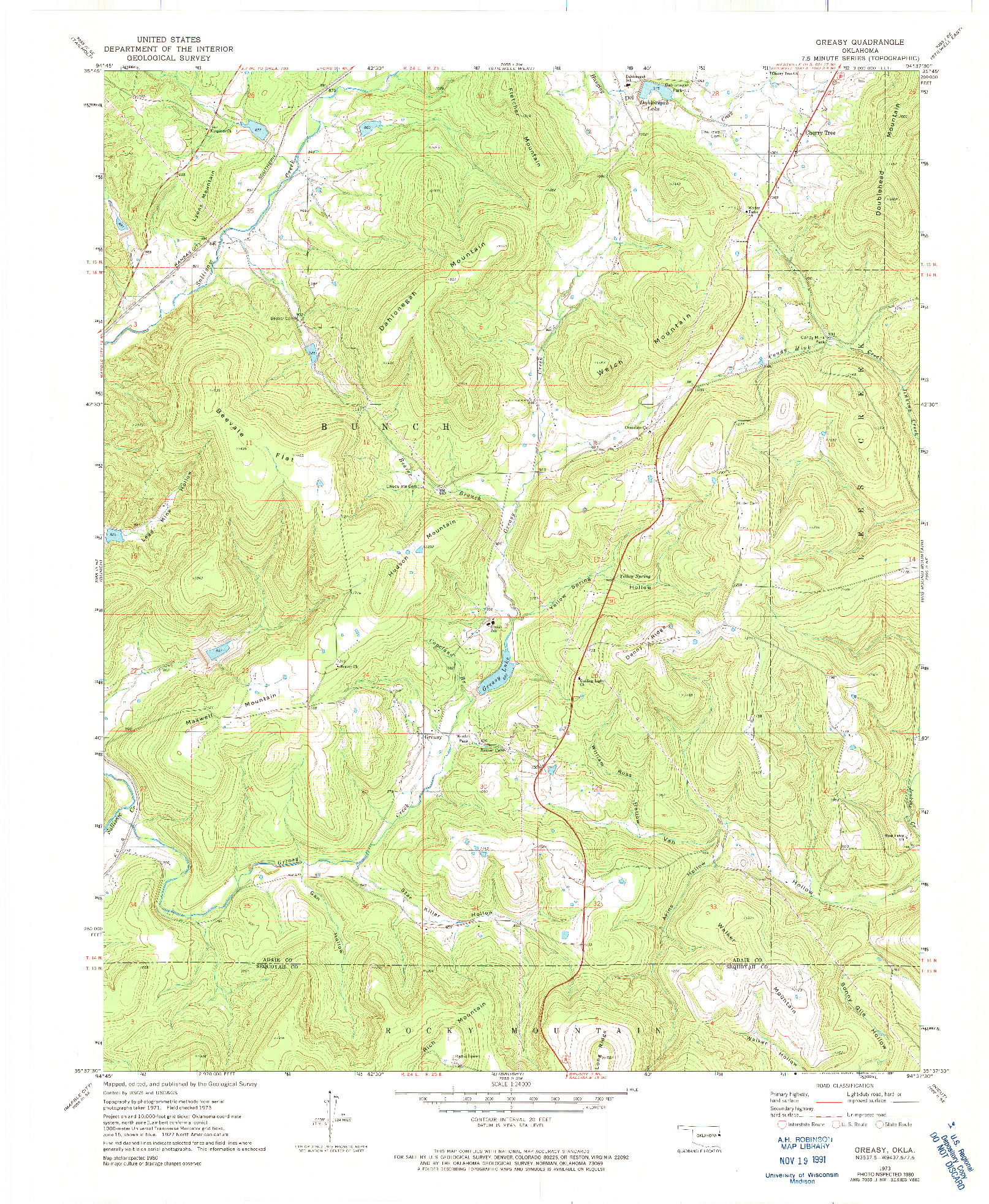 USGS 1:24000-SCALE QUADRANGLE FOR GREASY, OK 1973