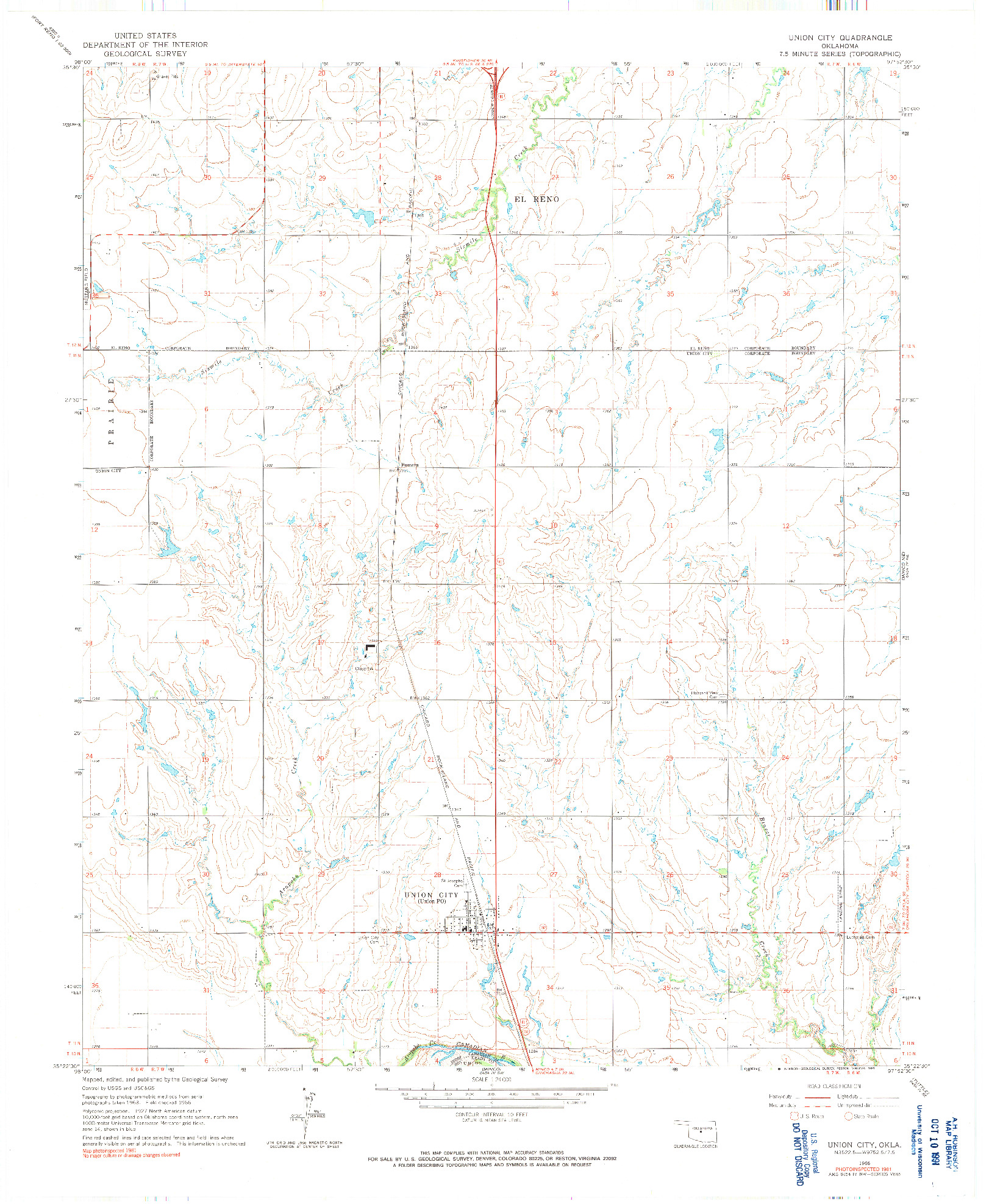 USGS 1:24000-SCALE QUADRANGLE FOR UNION CITY, OK 1966