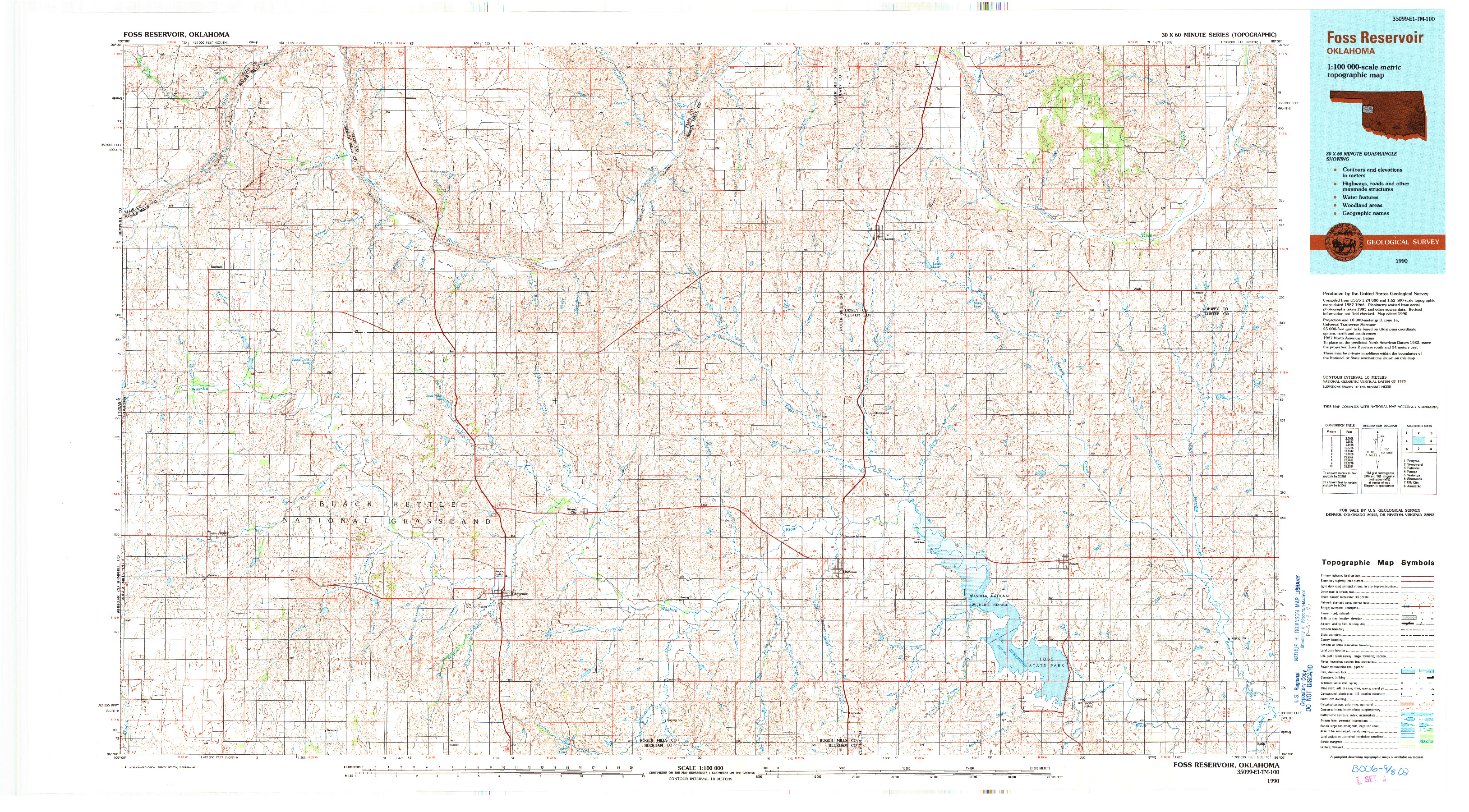 USGS 1:100000-SCALE QUADRANGLE FOR FOSS RESERVOIR, OK 1990
