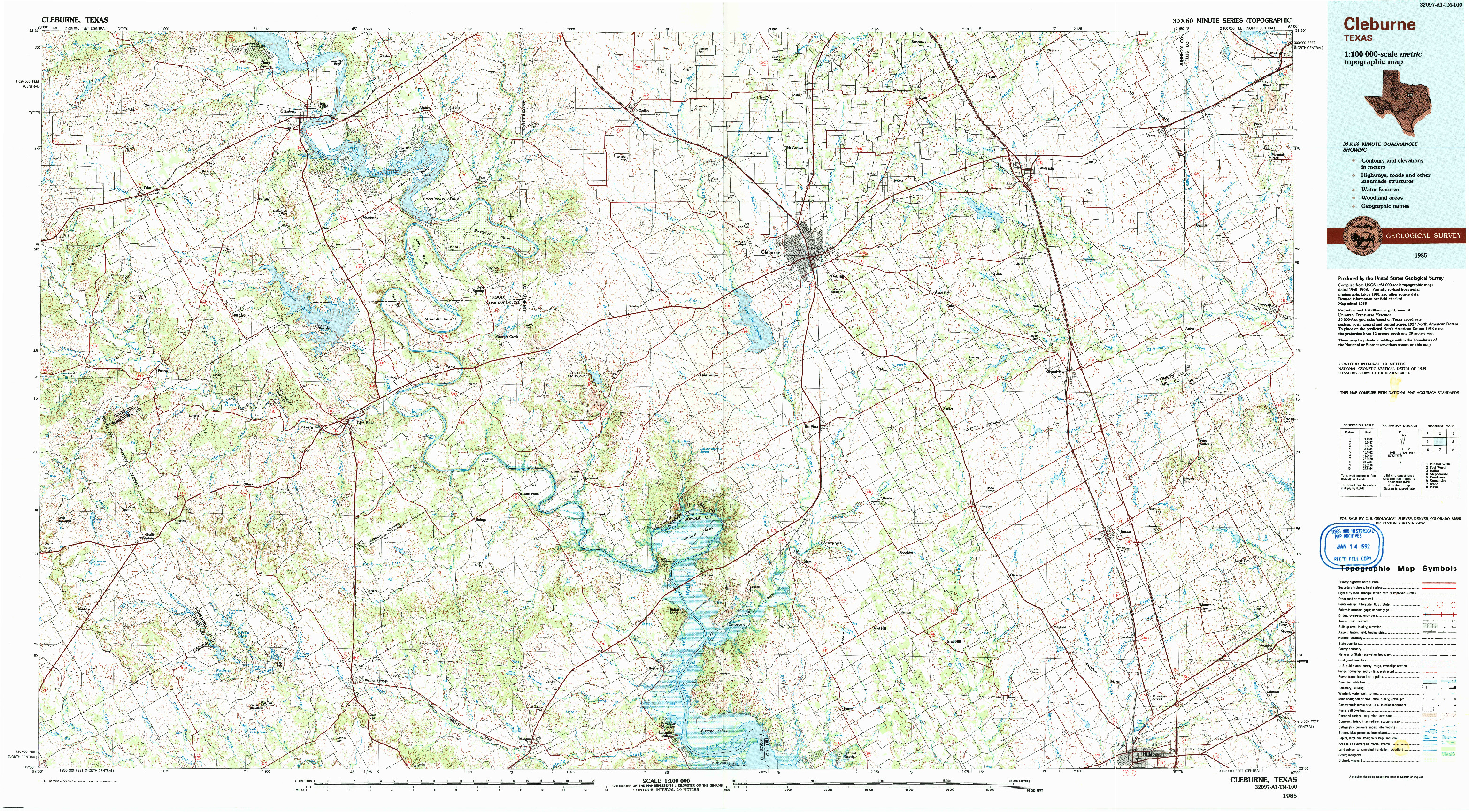 USGS 1:100000-SCALE QUADRANGLE FOR CLEBURNE, TX 1985