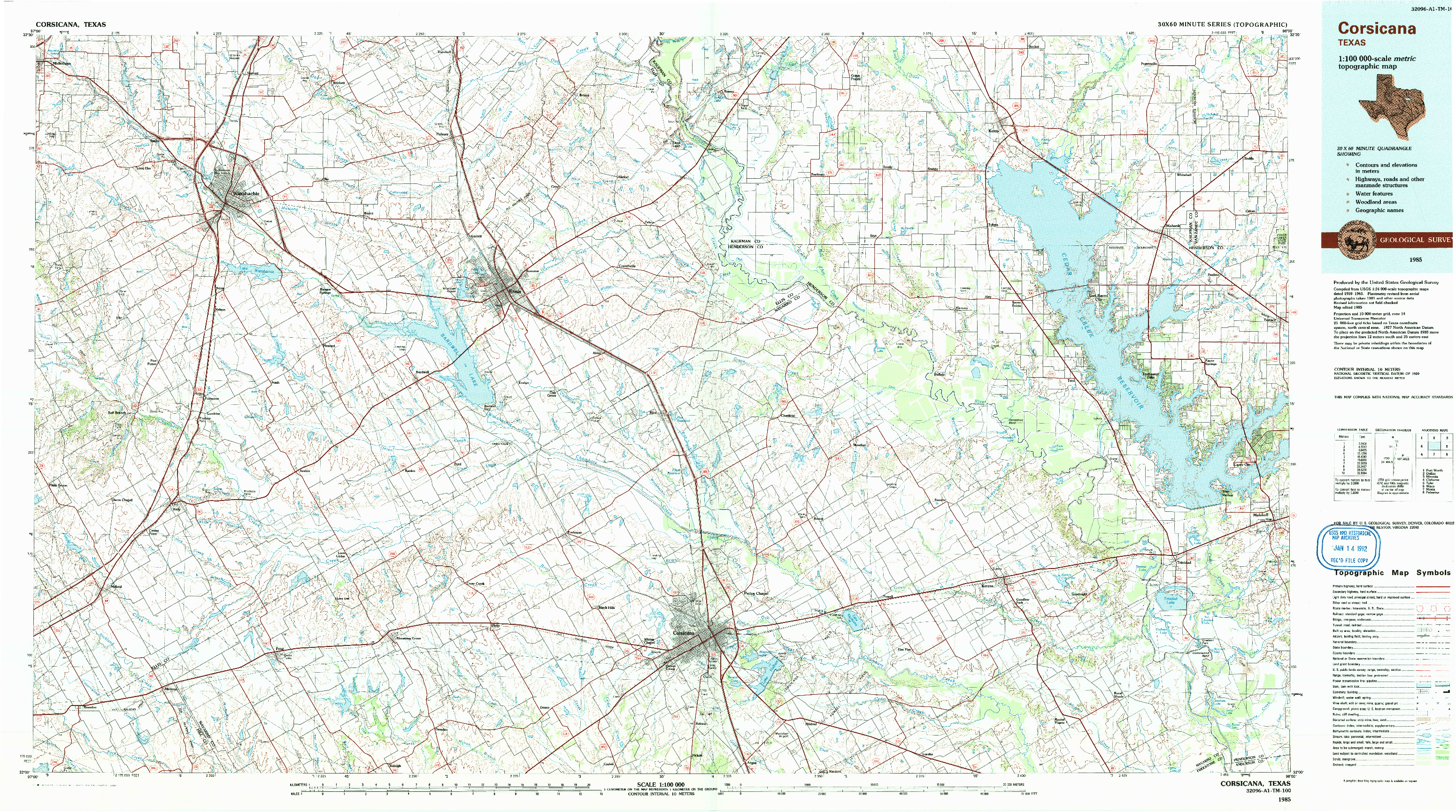 USGS 1:100000-SCALE QUADRANGLE FOR CORSICANA, TX 1985