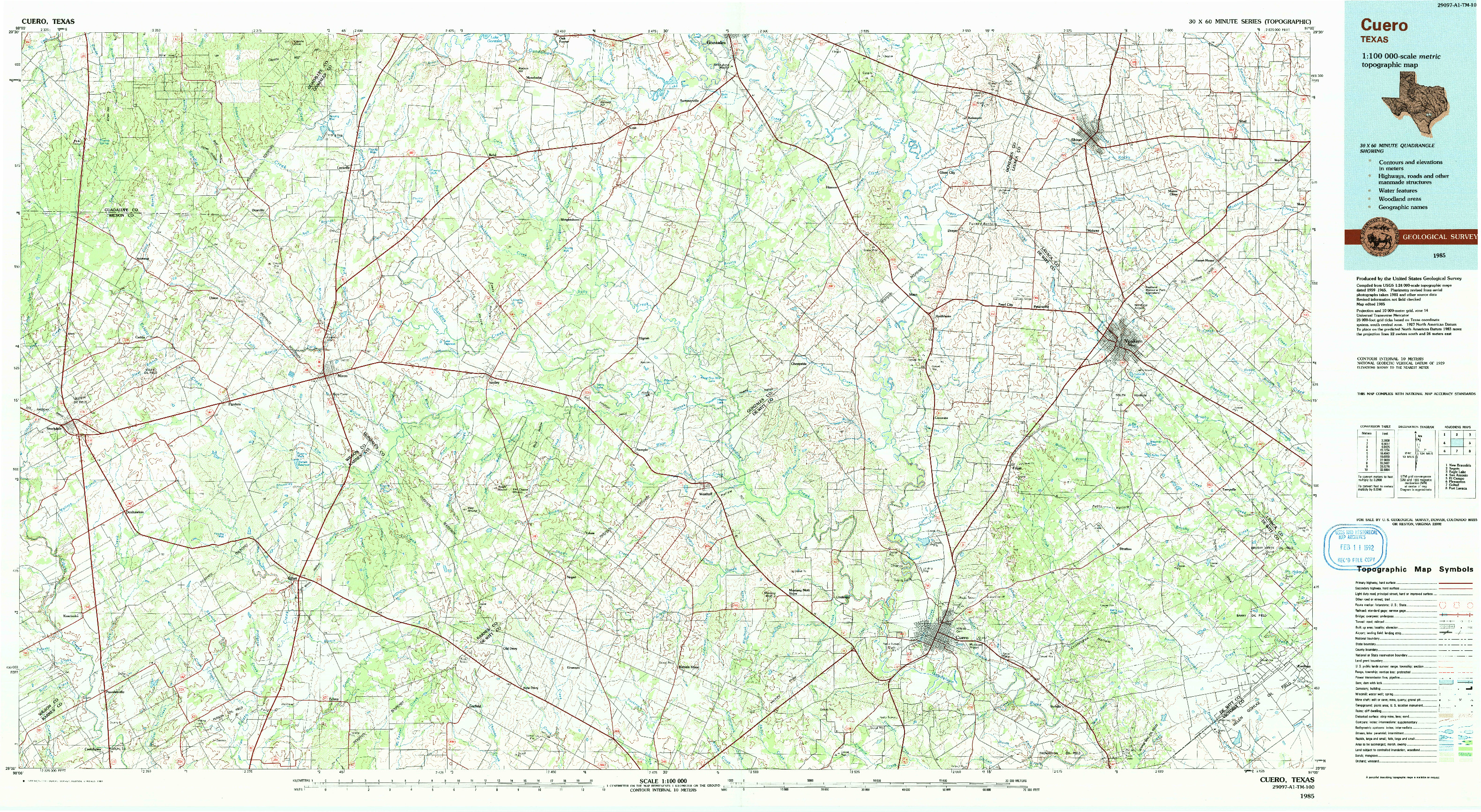 USGS 1:100000-SCALE QUADRANGLE FOR CUERO, TX 1985