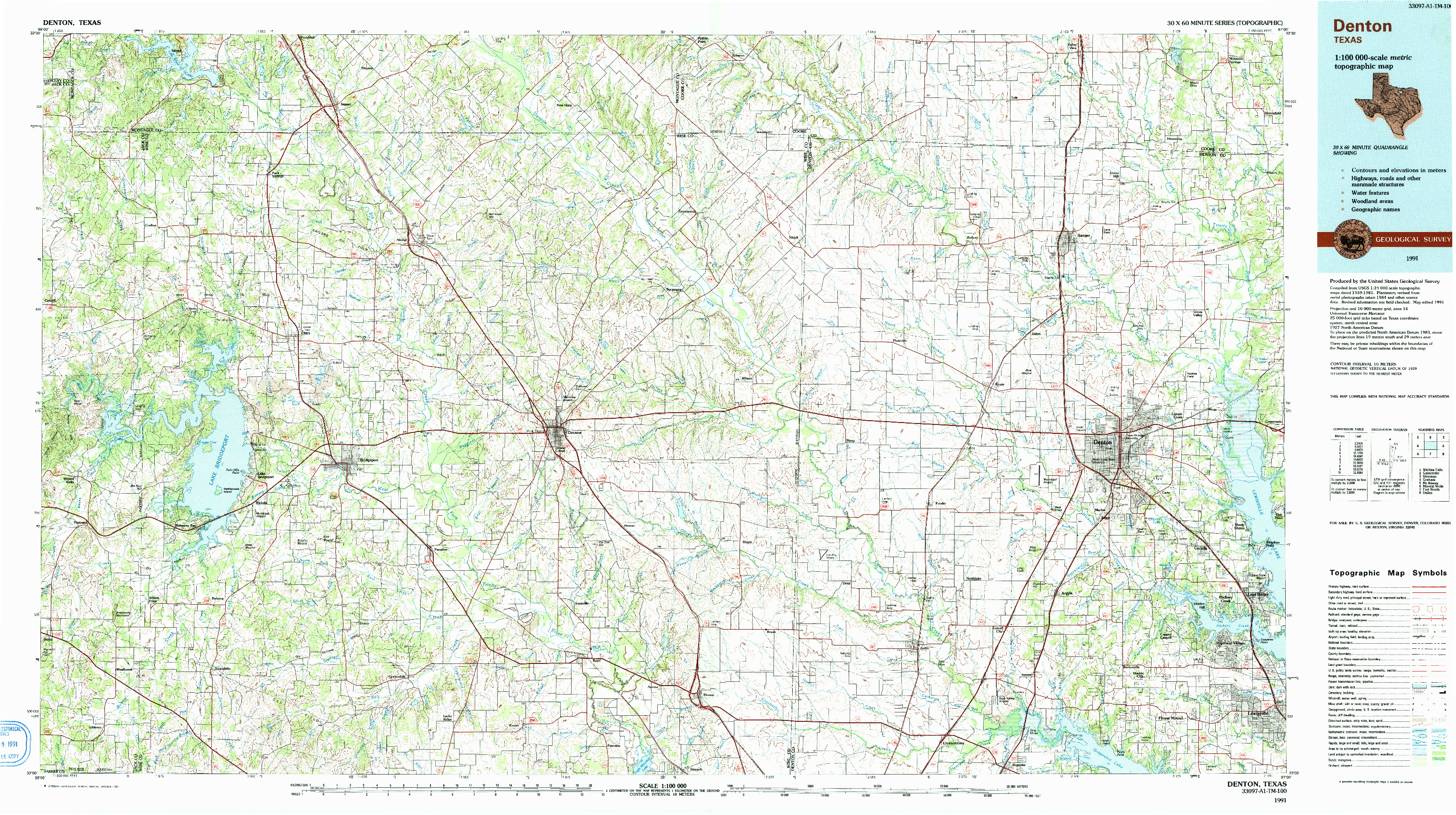 USGS 1:100000-SCALE QUADRANGLE FOR DENTON, TX 1991