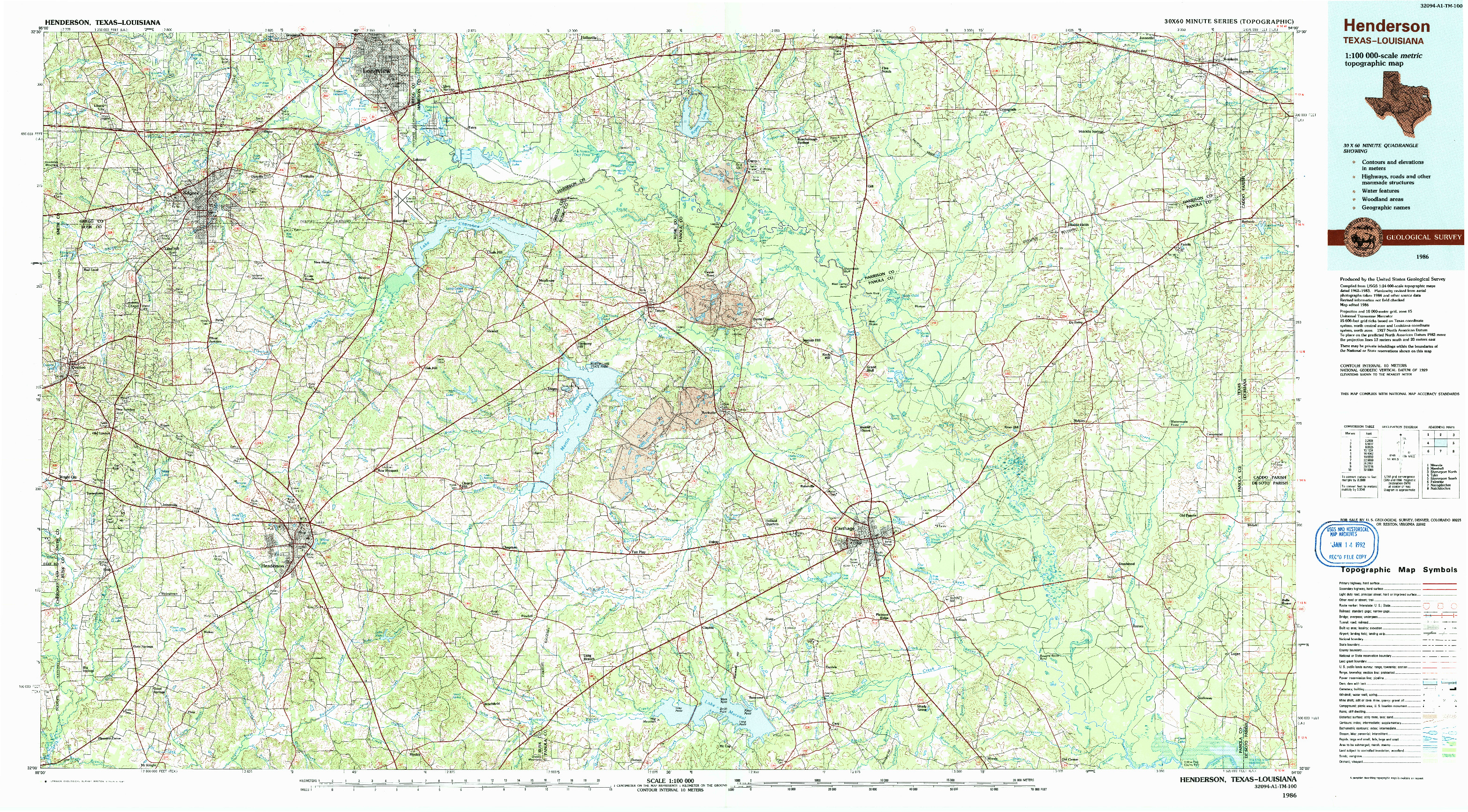 USGS 1:100000-SCALE QUADRANGLE FOR HENDERSON, TX 1986