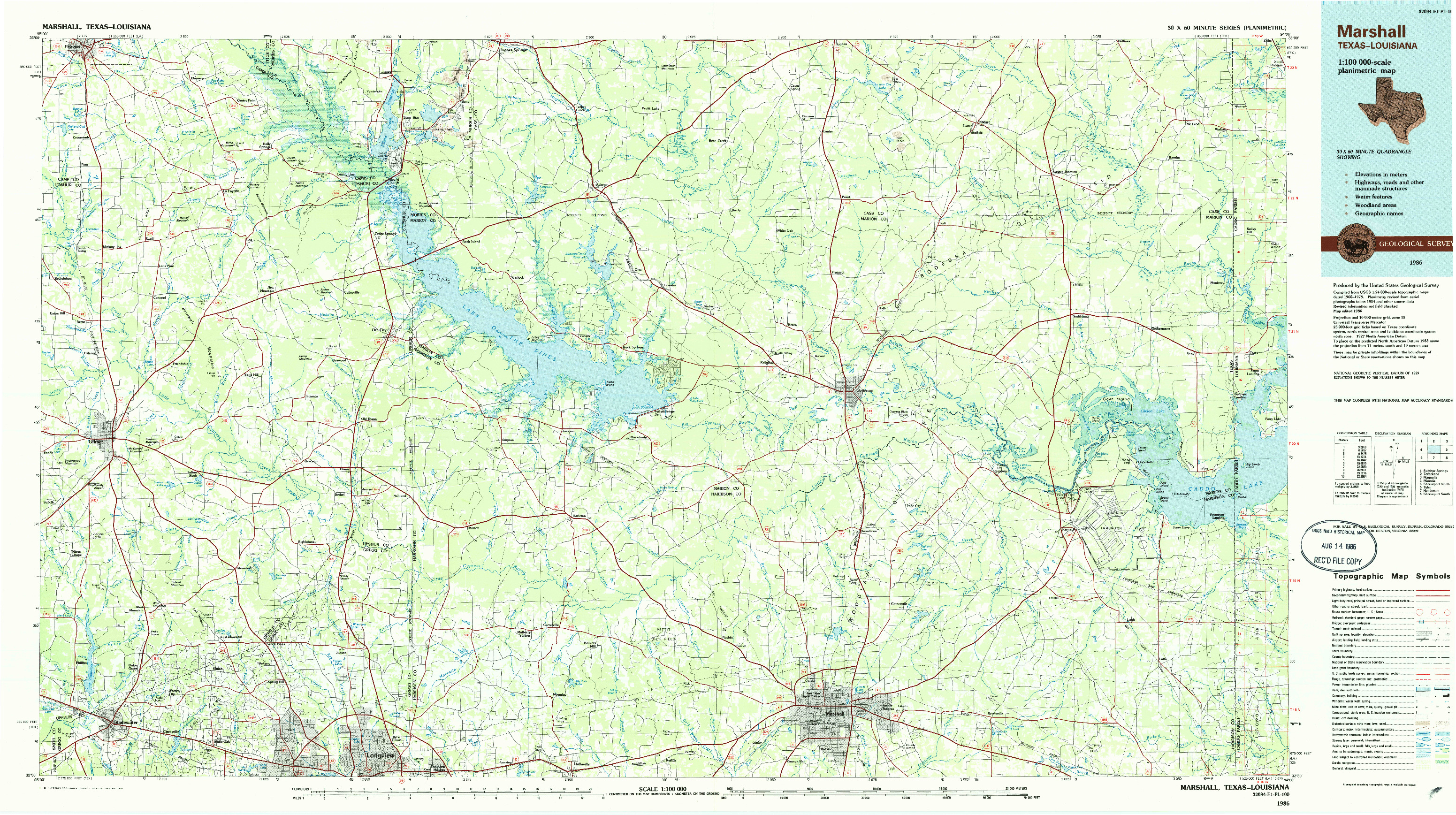 USGS 1:100000-SCALE QUADRANGLE FOR MARSHALL, TX 1986