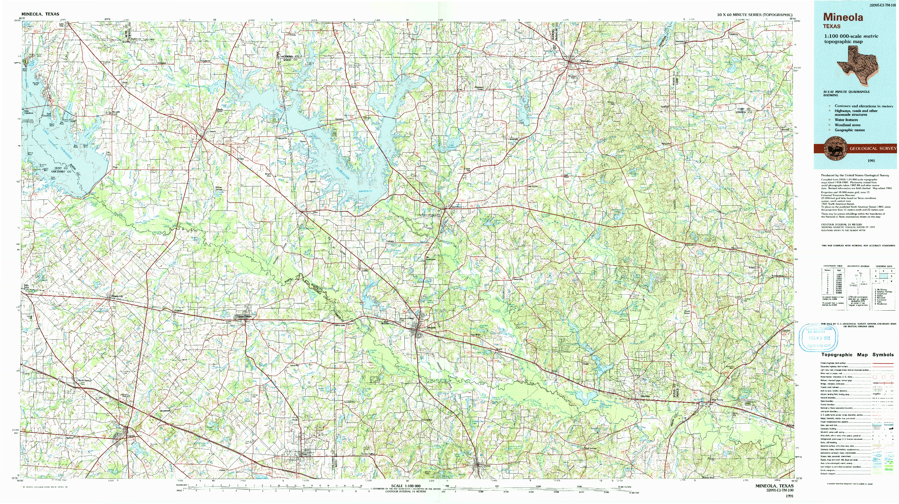 USGS 1:100000-SCALE QUADRANGLE FOR MINEOLA, TX 1991