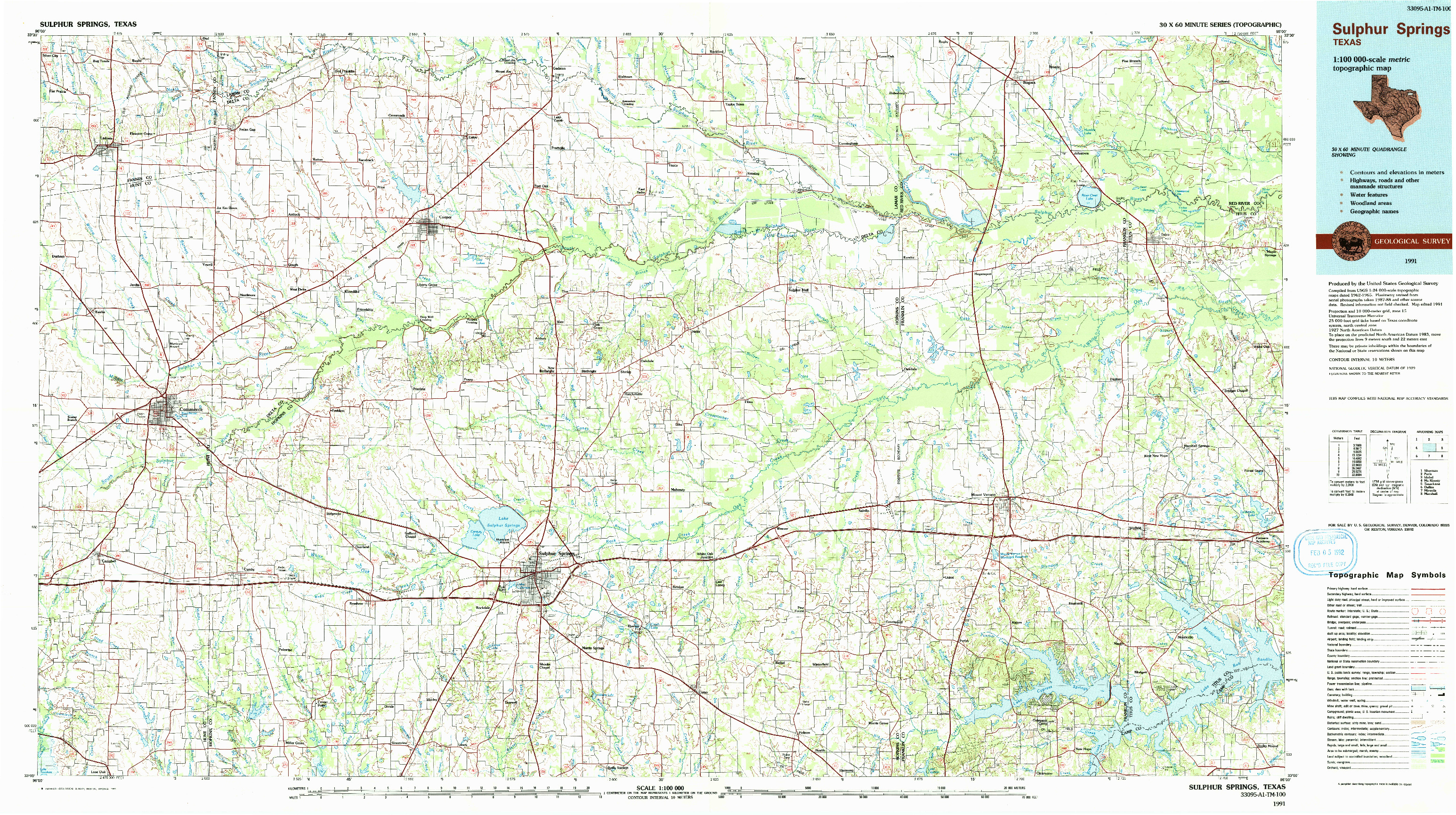 USGS 1:100000-SCALE QUADRANGLE FOR SULPHUR SPRINGS, TX 1991