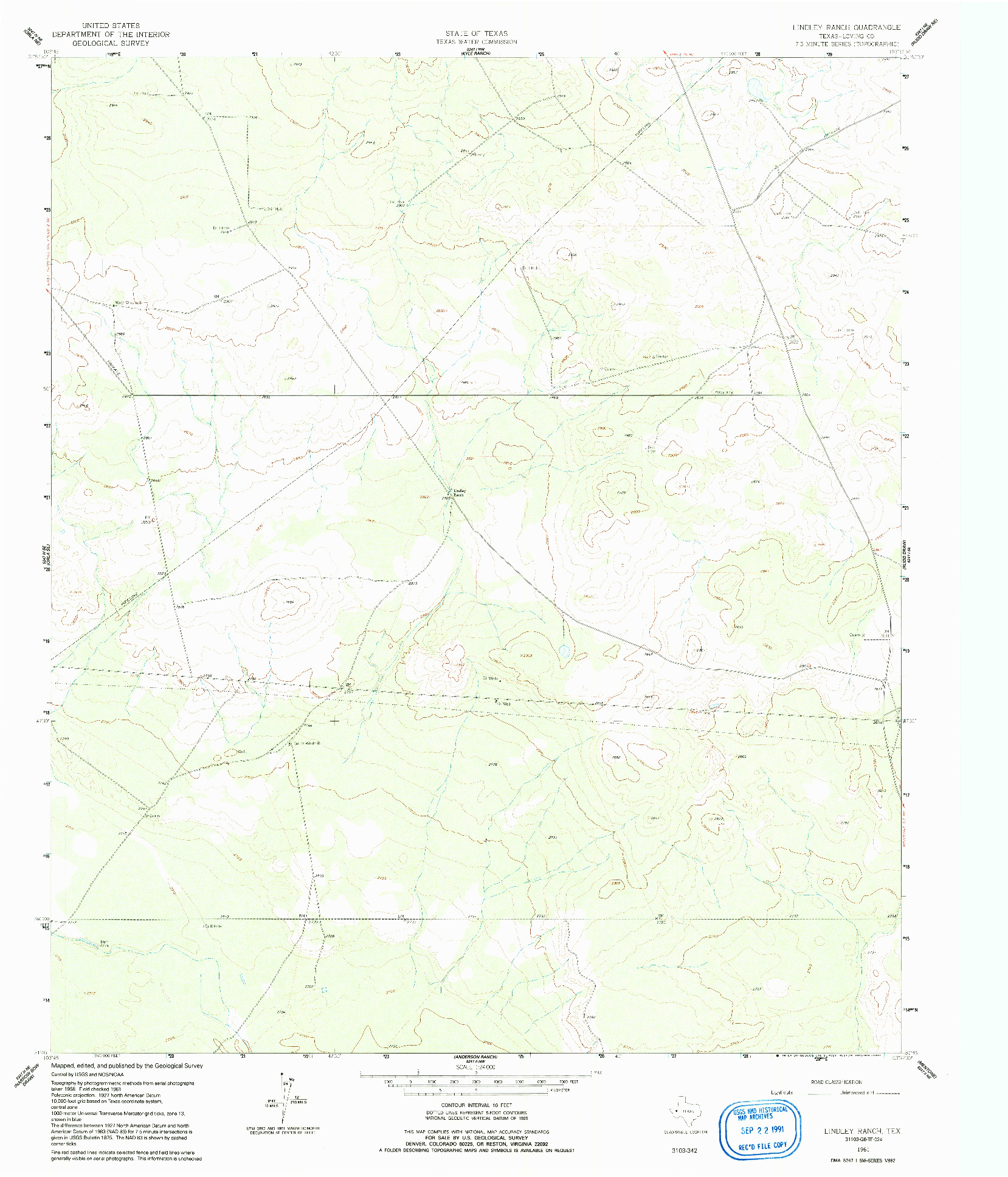 USGS 1:24000-SCALE QUADRANGLE FOR LINDLEY RANCH, TX 1961