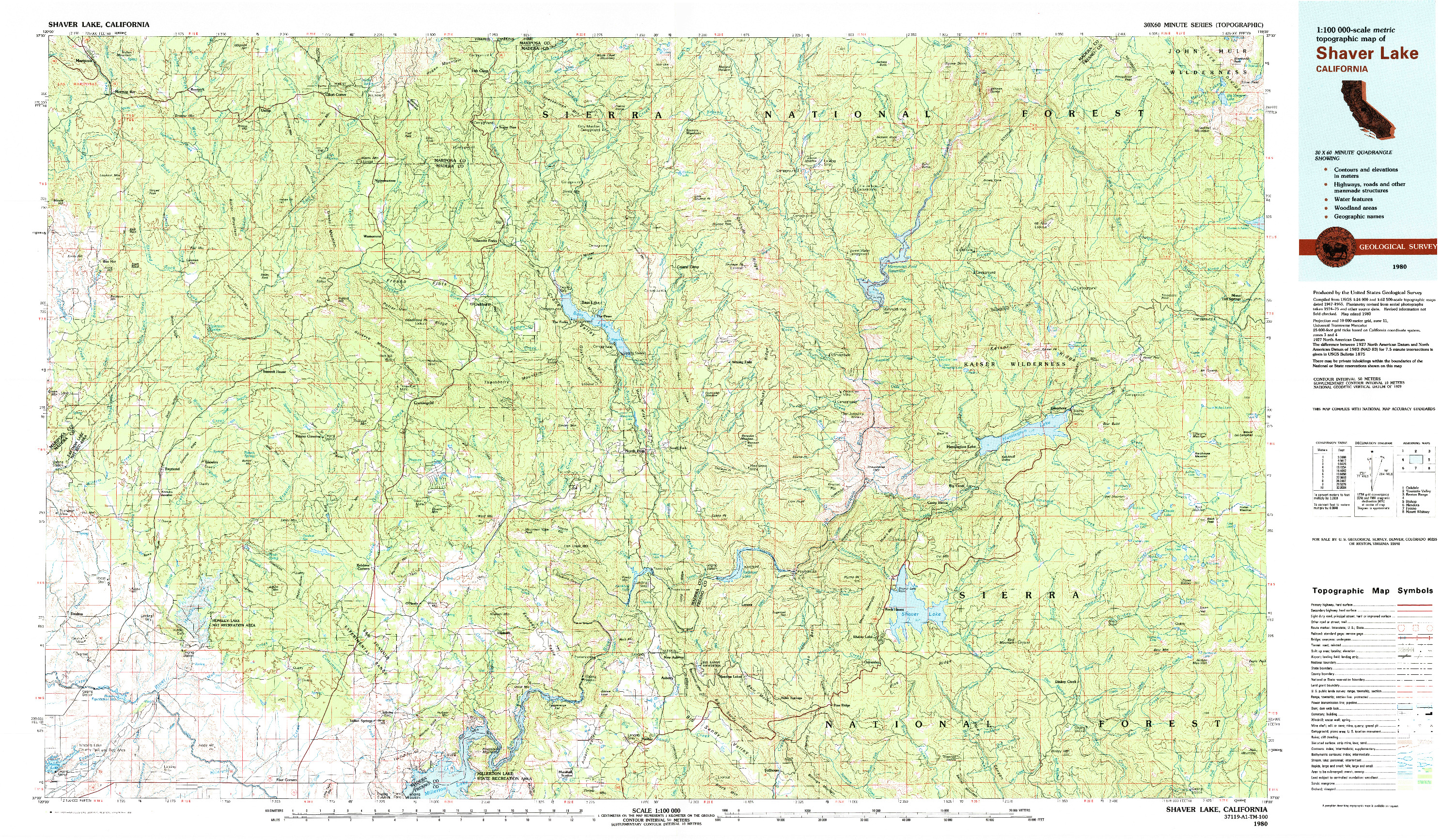 USGS 1:100000-SCALE QUADRANGLE FOR SHAVER LAKE, CA 1980