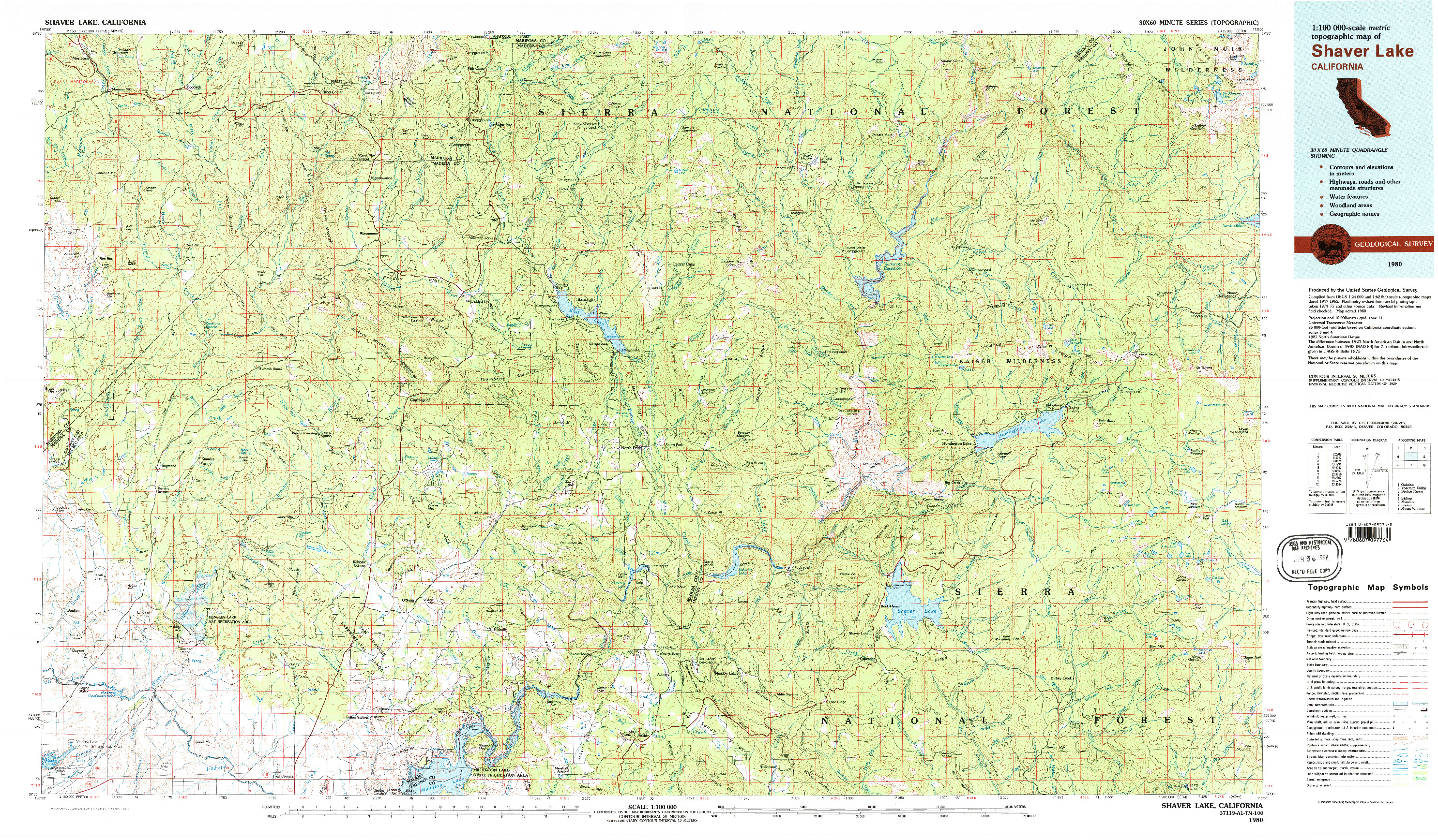 USGS 1:100000-SCALE QUADRANGLE FOR SHAVER LAKE, CA 1980