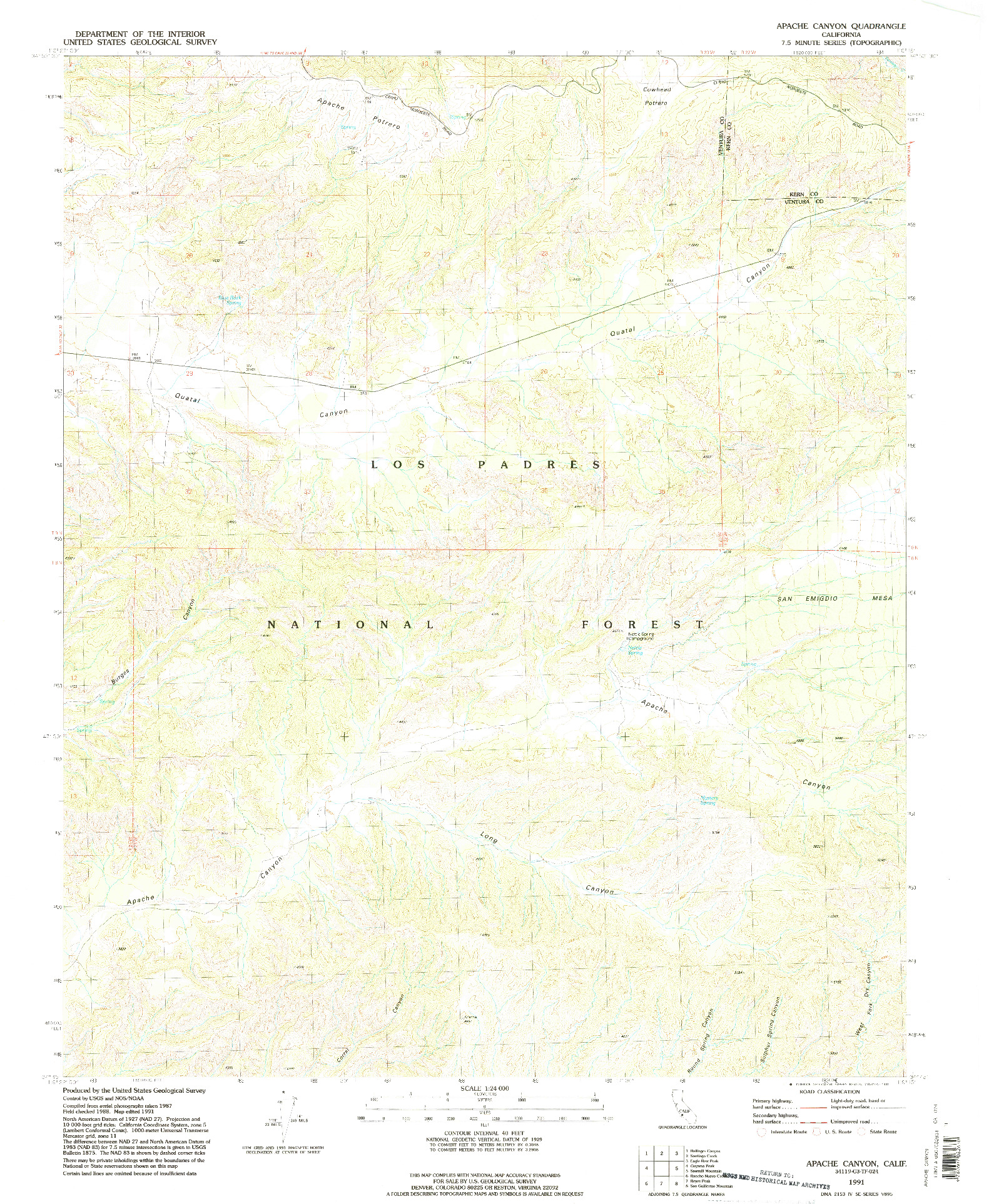 USGS 1:24000-SCALE QUADRANGLE FOR APACHE CANYON, CA 1991