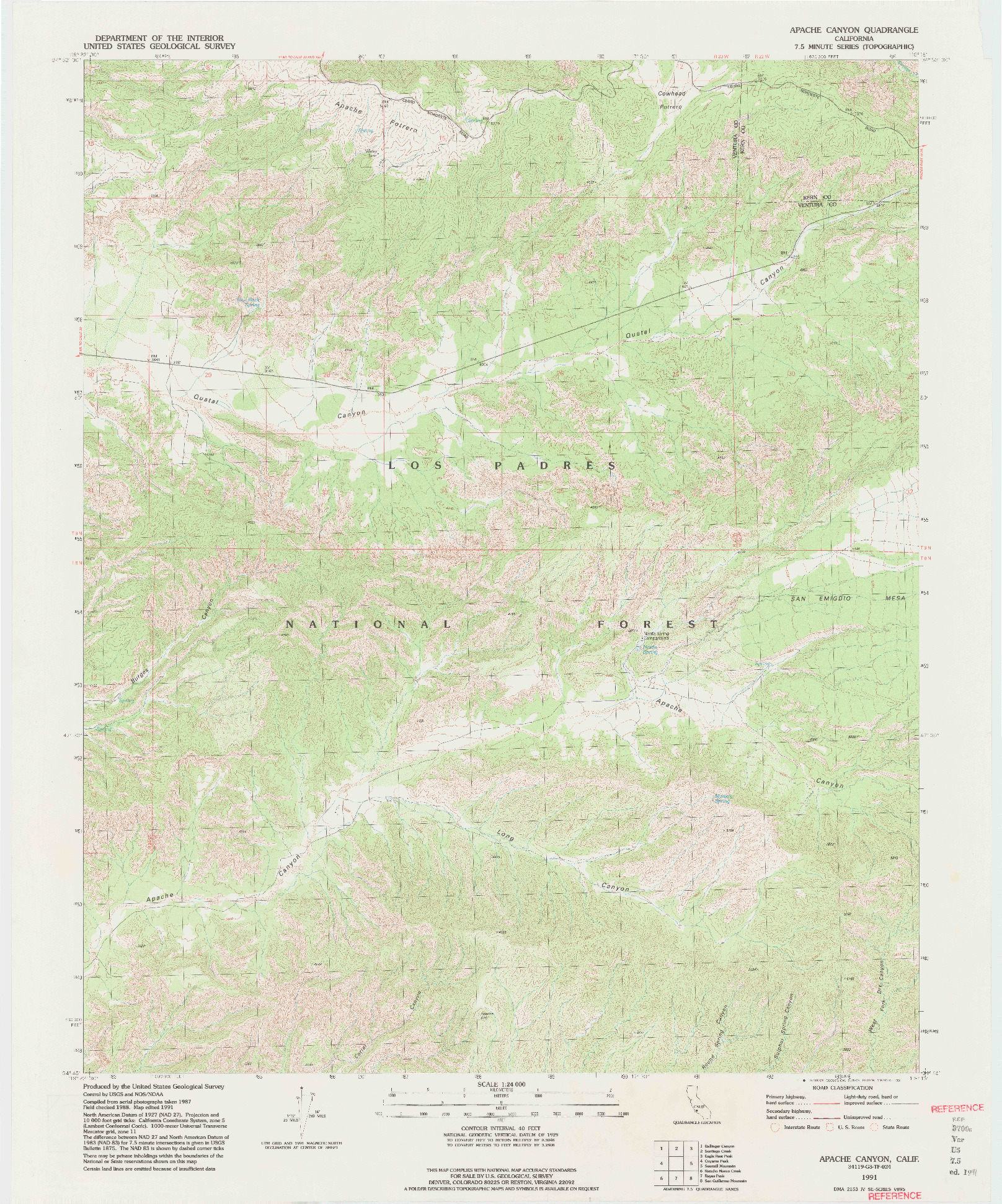 USGS 1:24000-SCALE QUADRANGLE FOR APACHE CANYON, CA 1991