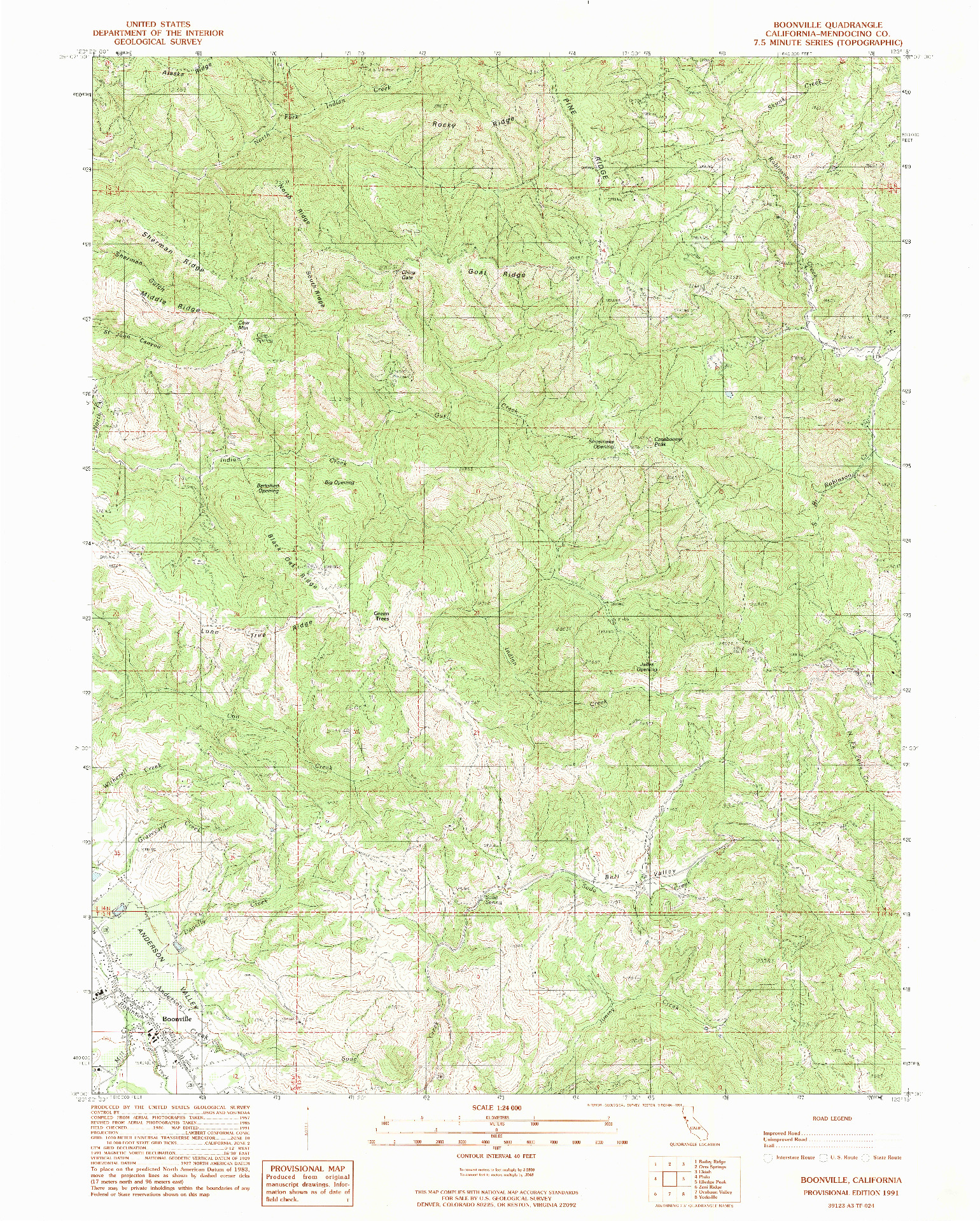 USGS 1:24000-SCALE QUADRANGLE FOR BOONVILLE, CA 1991