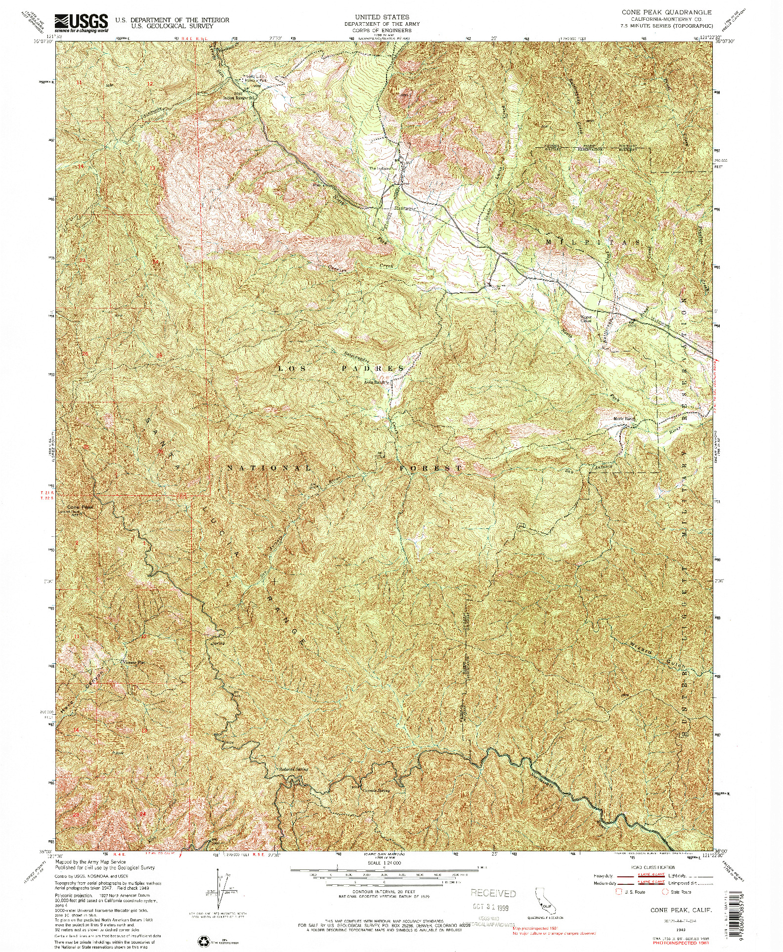 USGS 1:24000-SCALE QUADRANGLE FOR CONE PEAK, CA 1949