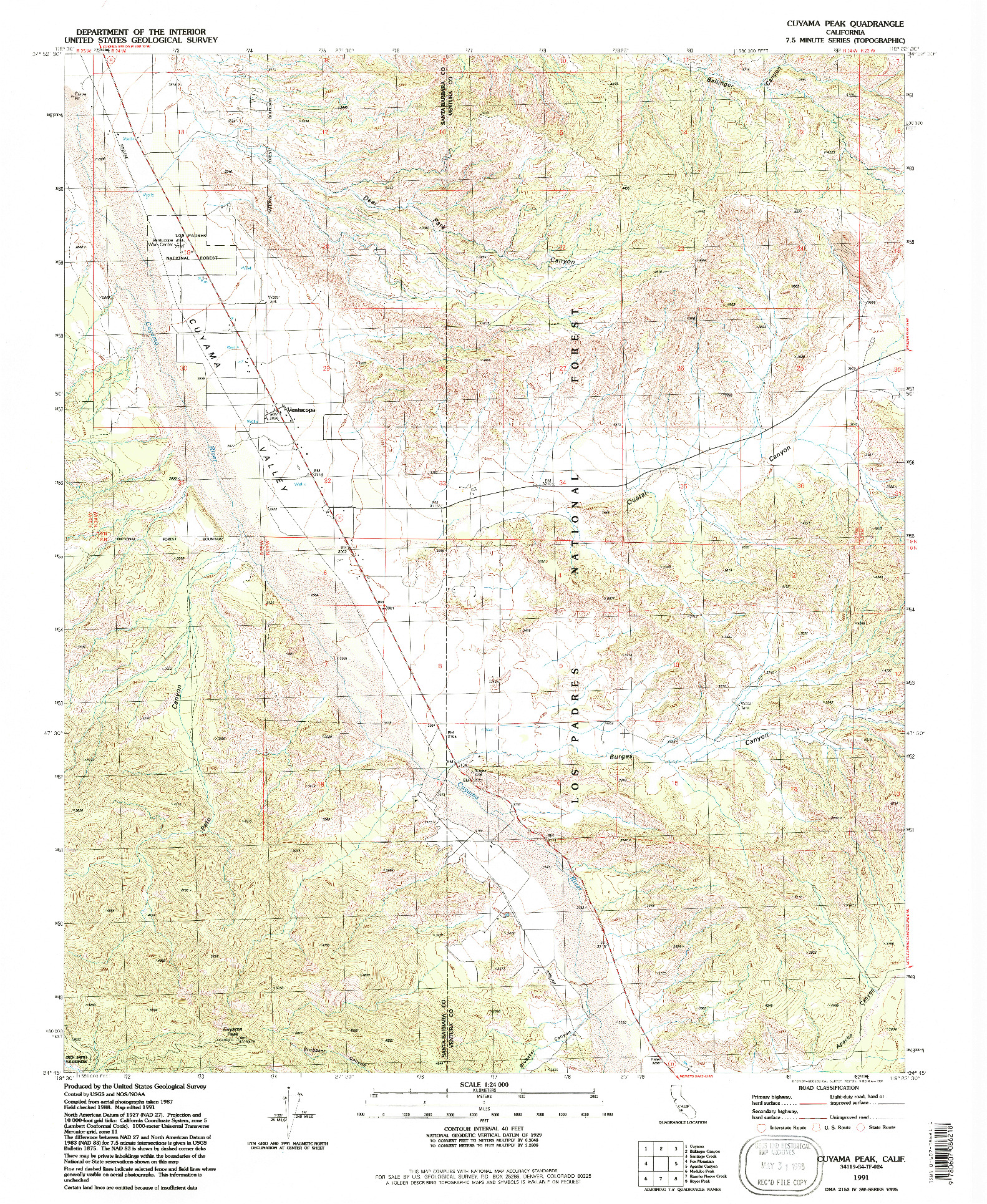 USGS 1:24000-SCALE QUADRANGLE FOR CUYAMA PEAK, CA 1991