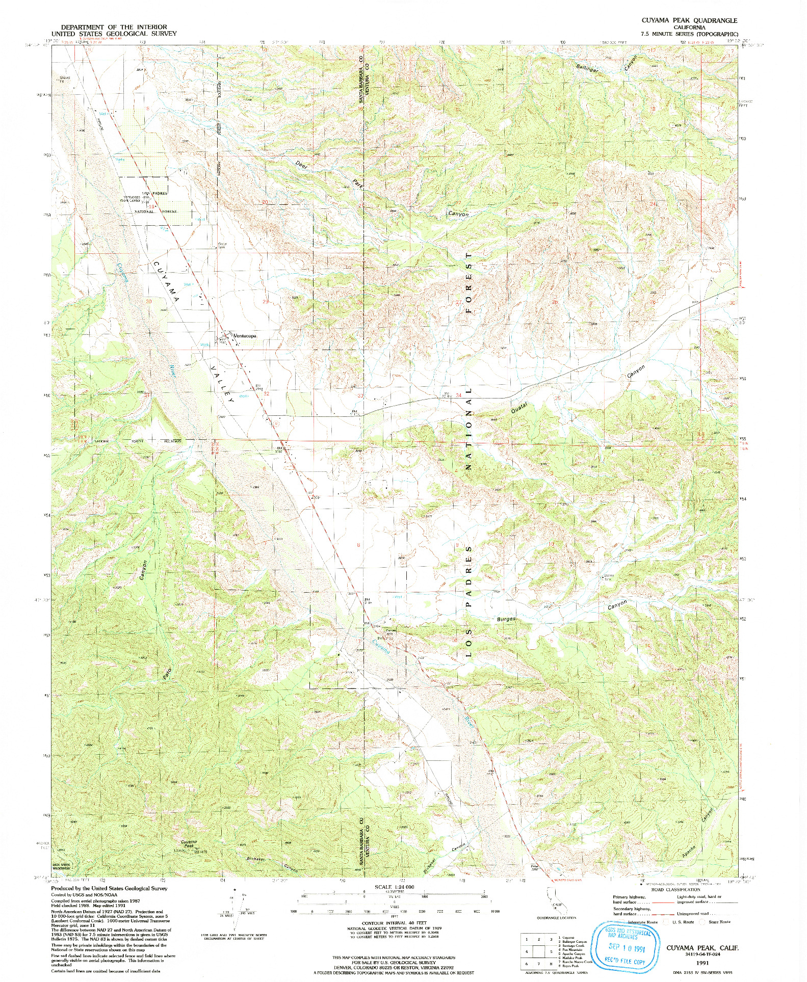 USGS 1:24000-SCALE QUADRANGLE FOR CUYAMA PEAK, CA 1991