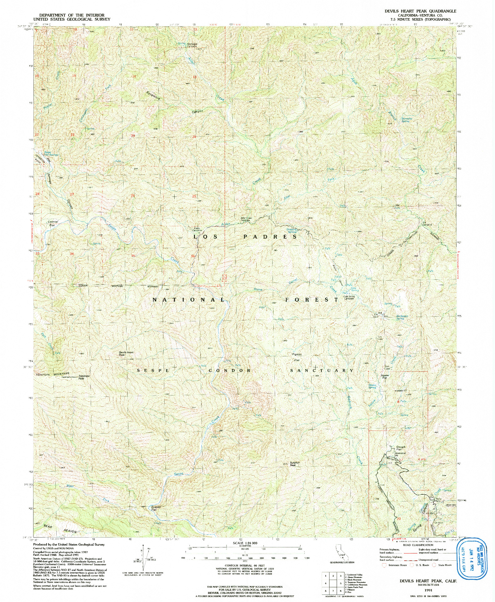 USGS 1:24000-SCALE QUADRANGLE FOR DEVILS HEART PEAK, CA 1991