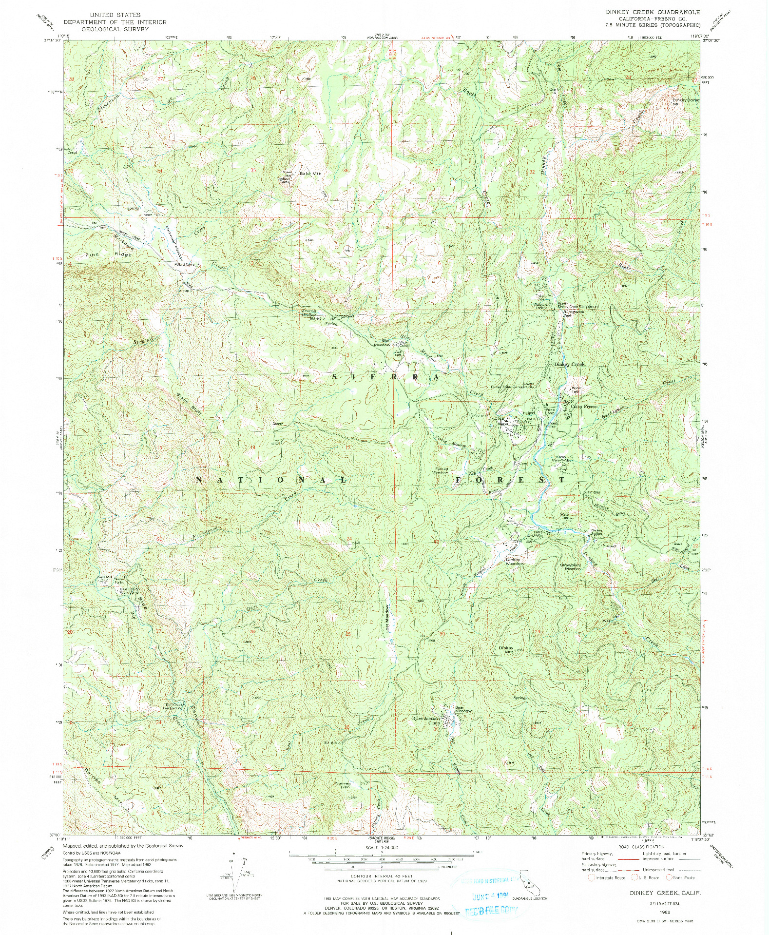 USGS 1:24000-SCALE QUADRANGLE FOR DINKEY CREEK, CA 1982