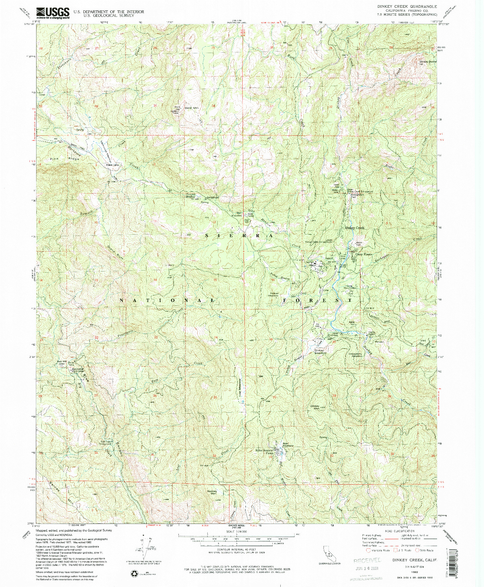 USGS 1:24000-SCALE QUADRANGLE FOR DINKEY CREEK, CA 1982