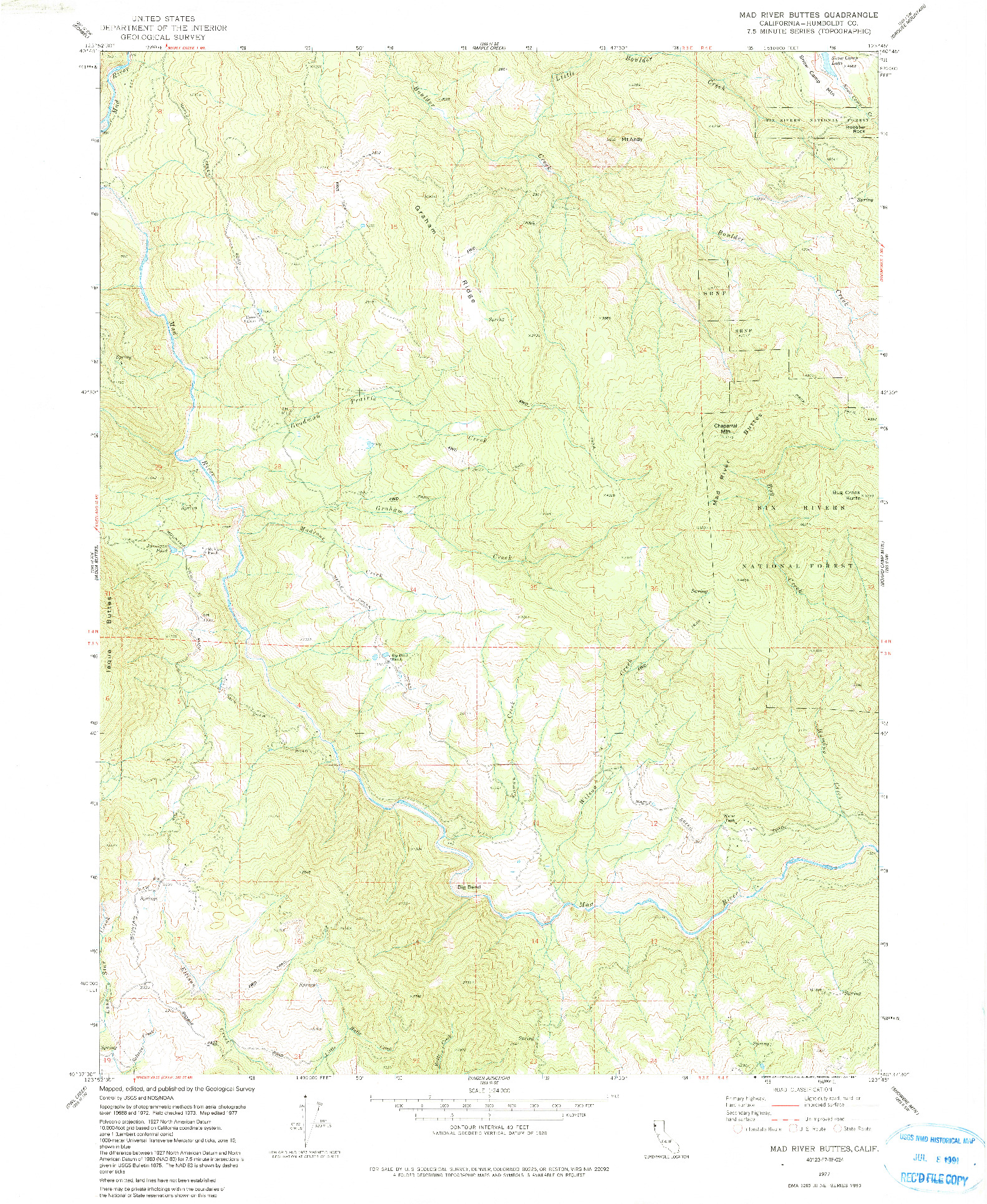 USGS 1:24000-SCALE QUADRANGLE FOR MAD RIVER BUTTES, CA 1977