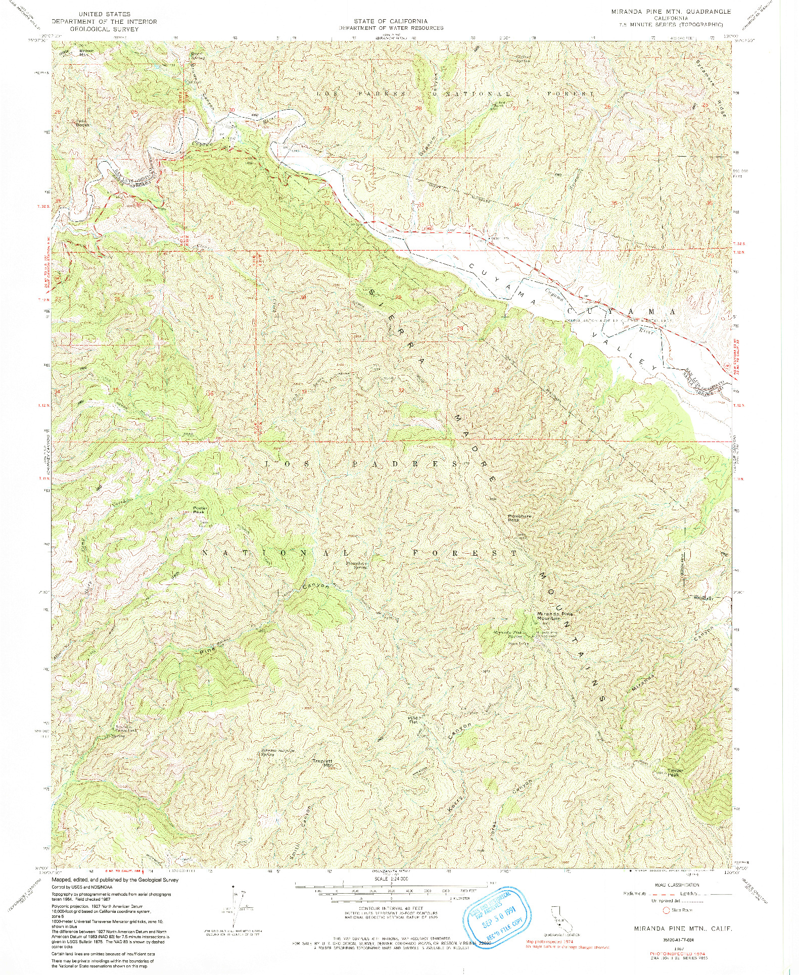 USGS 1:24000-SCALE QUADRANGLE FOR MIRANDA PINE MTN, CA 1967