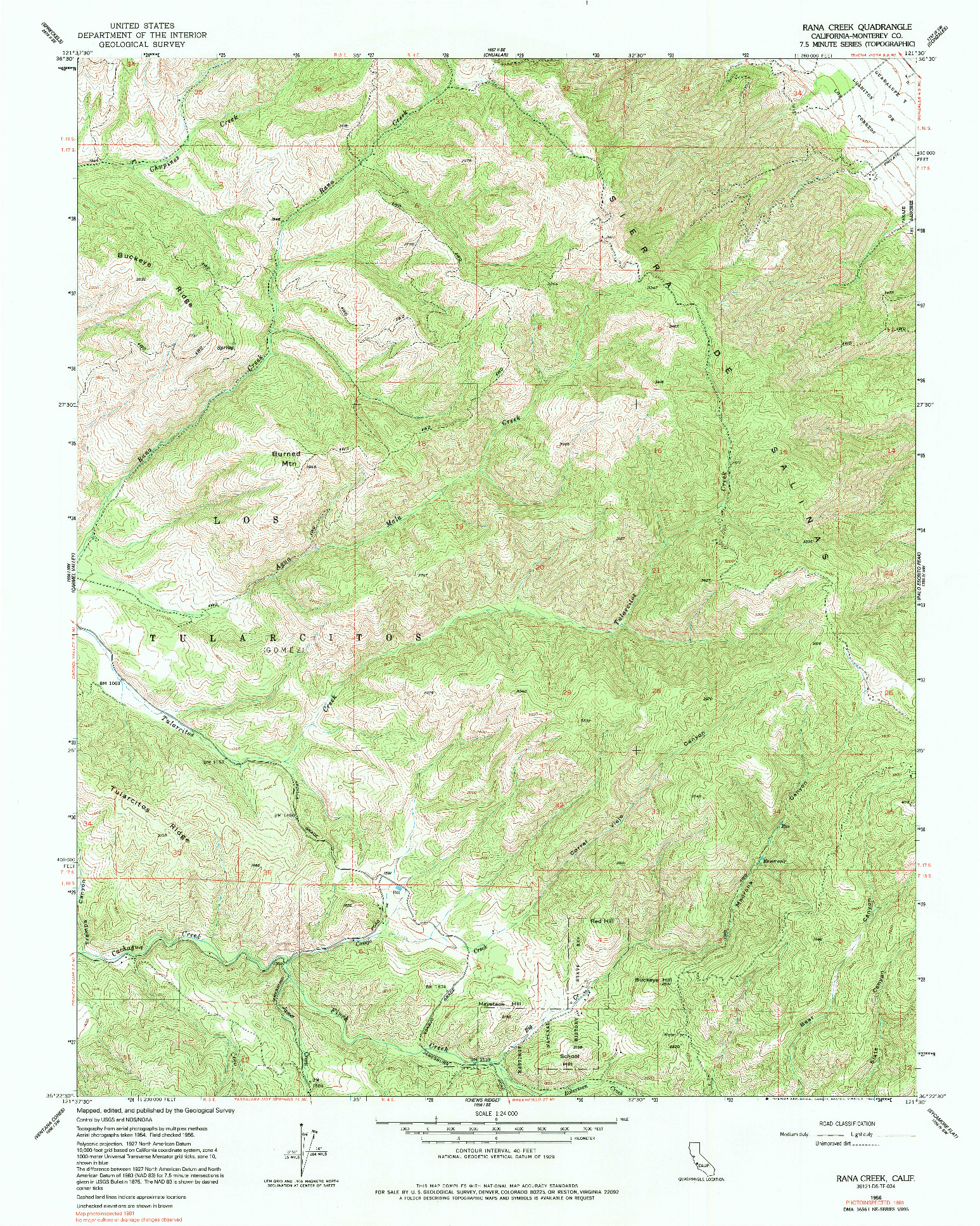 USGS 1:24000-SCALE QUADRANGLE FOR RANA CREEK, CA 1956