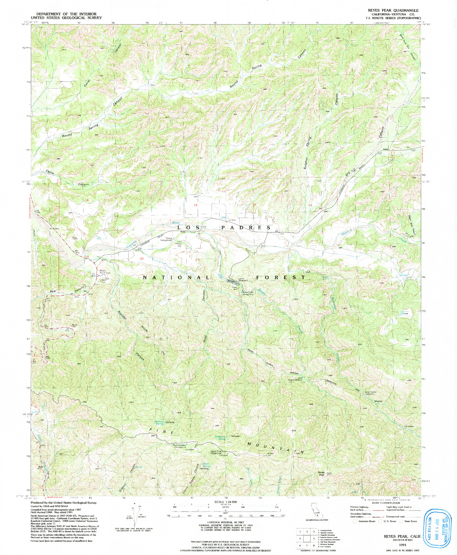 USGS 1:24000-SCALE QUADRANGLE FOR REYES PEAK, CA 1991
